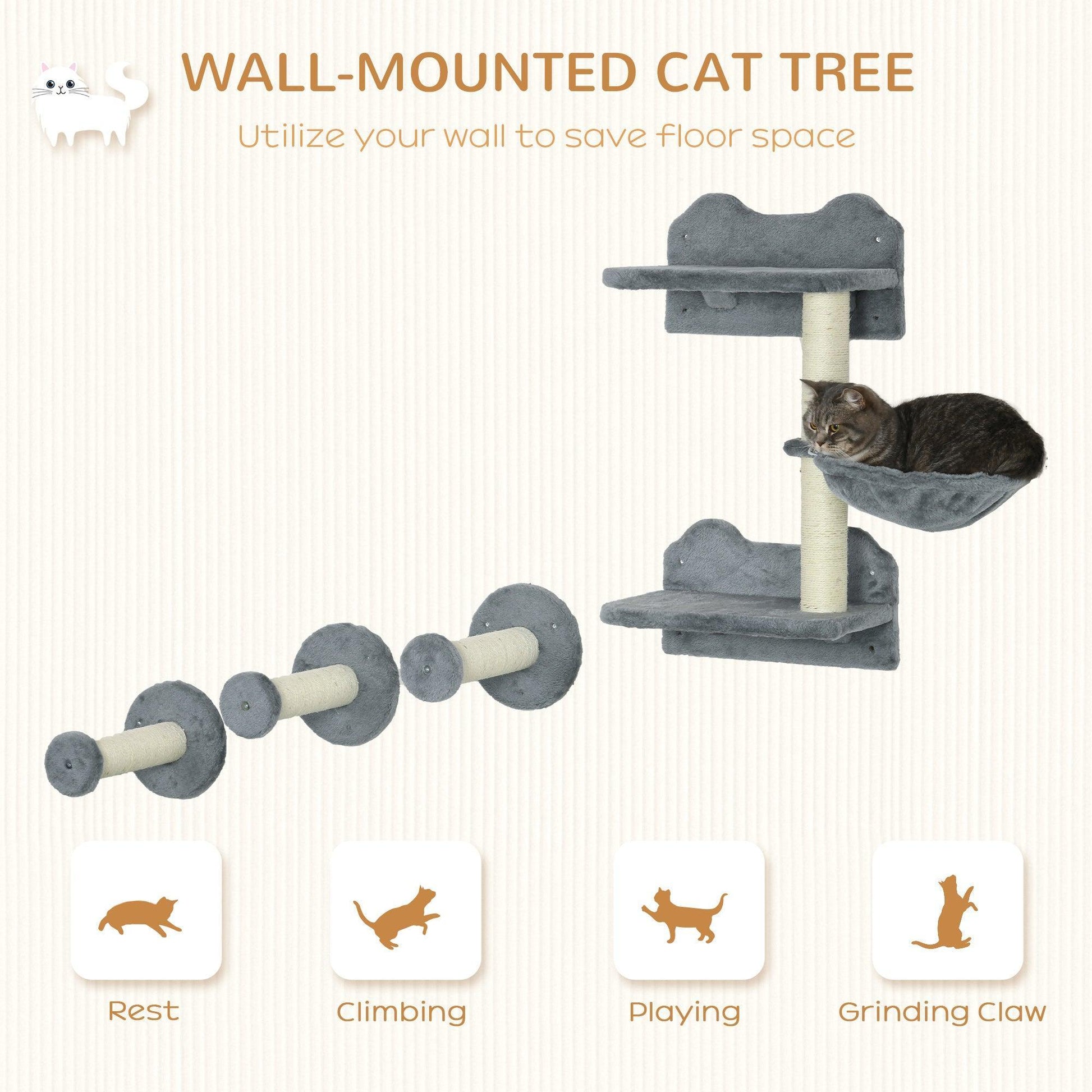 PawHut Wall-Mounted Cat Tree: Grey - ALL4U RETAILER LTD