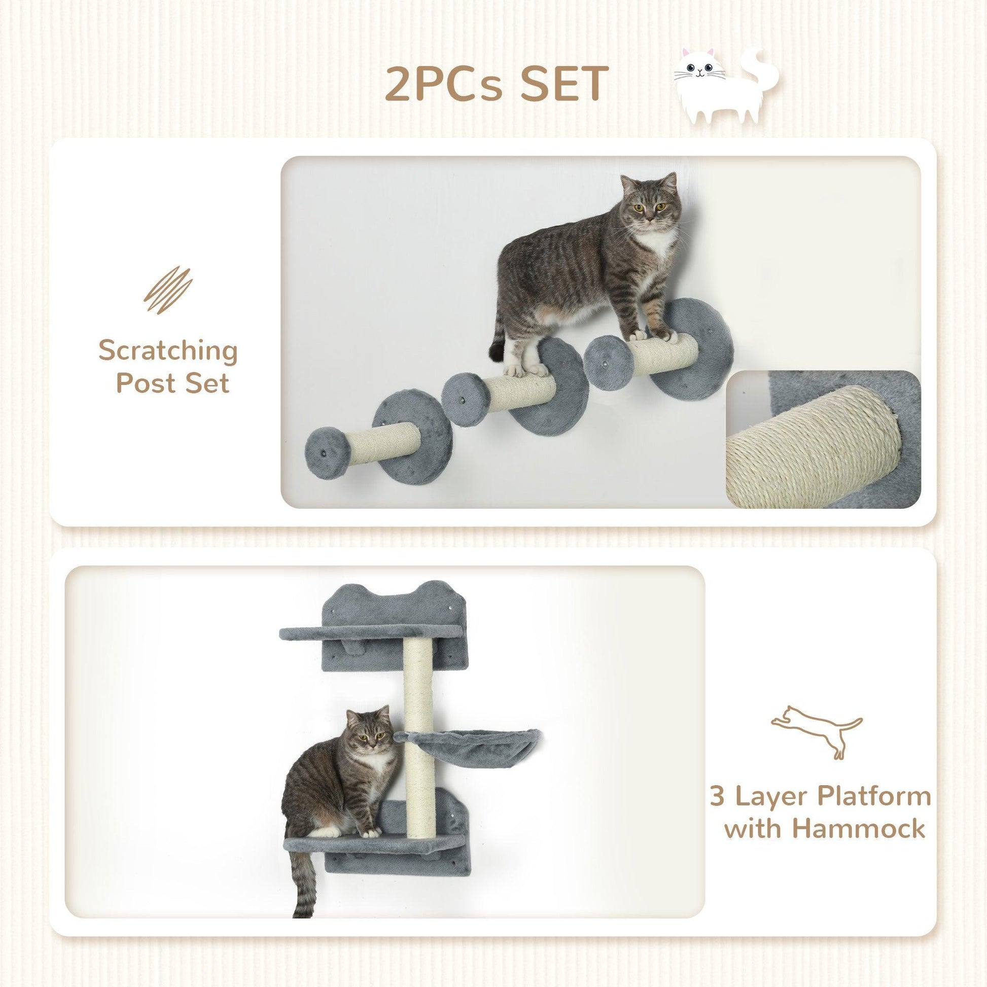 PawHut Wall-Mounted Cat Tree: Grey - ALL4U RETAILER LTD