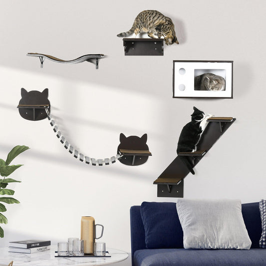 PawHut Wall Mounted Cat Tree with Multiple Shelves - Brown - ALL4U RETAILER LTD