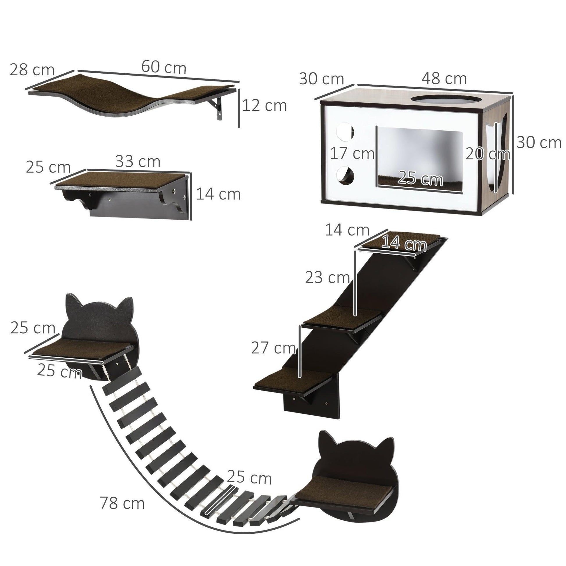 PawHut Wall Mounted Cat Tree with Multiple Shelves - Brown - ALL4U RETAILER LTD