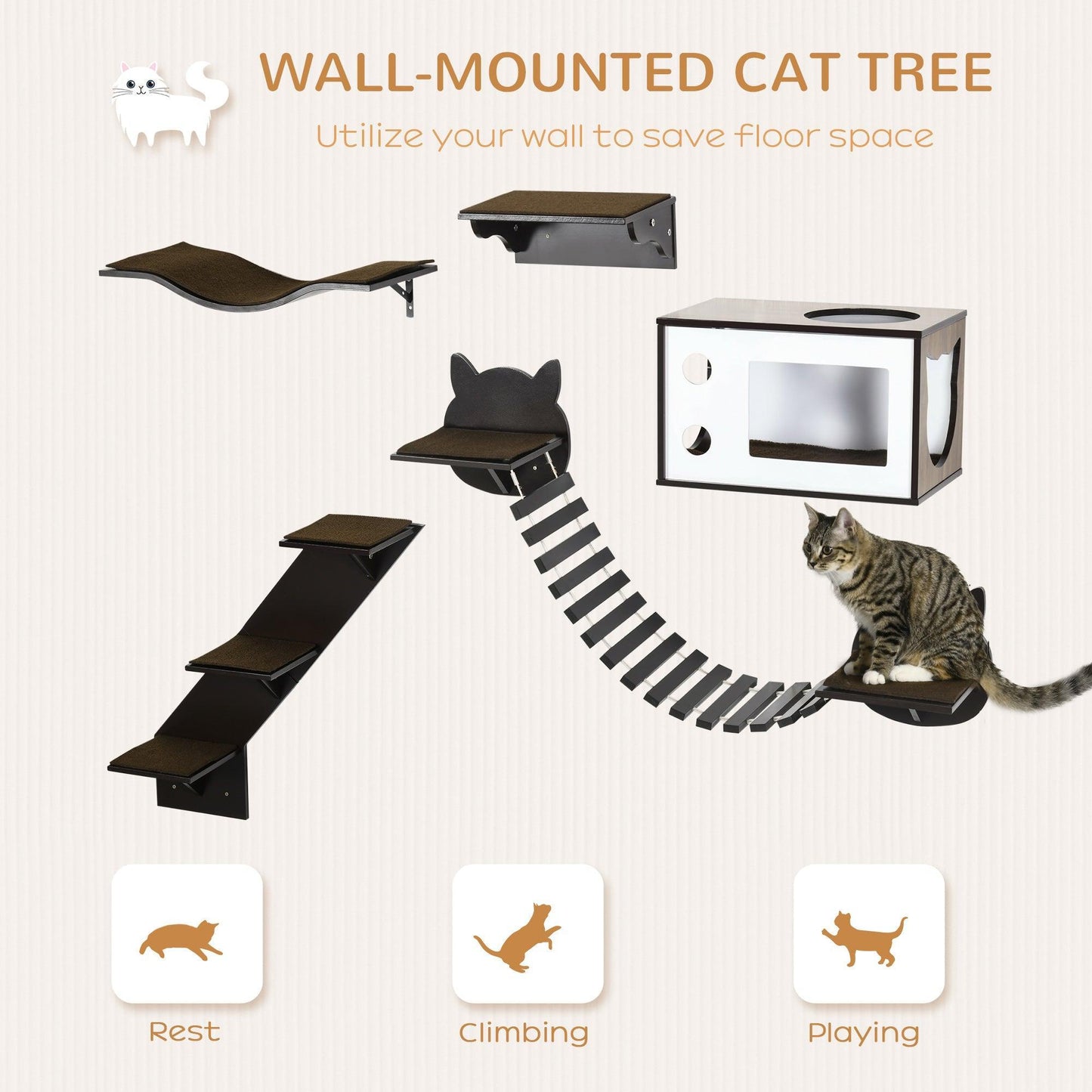 PawHut Wall Mounted Cat Tree with Multiple Shelves - Brown - ALL4U RETAILER LTD