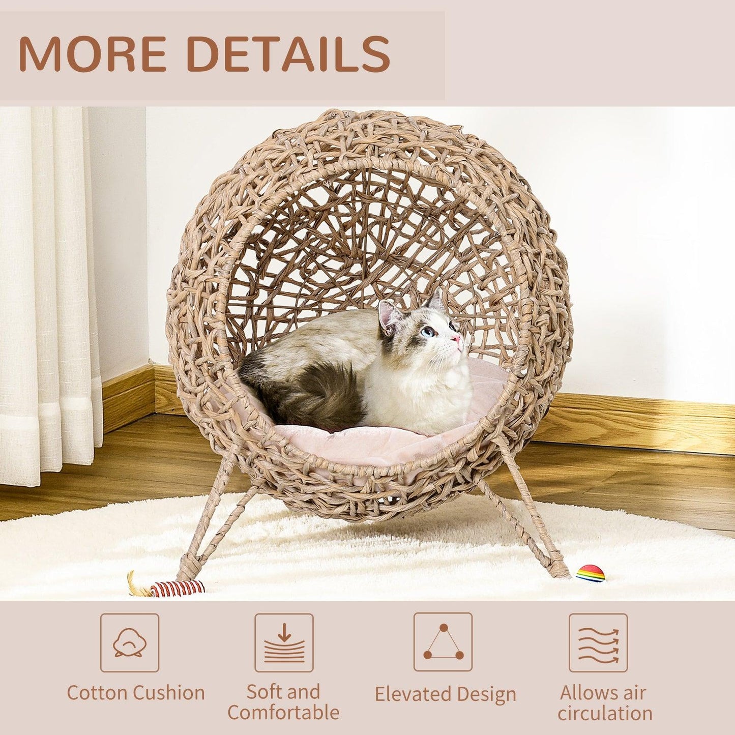 PawHut Rattan Cat Bed - Cozy Elevated Basket, Natural Wood - ALL4U RETAILER LTD