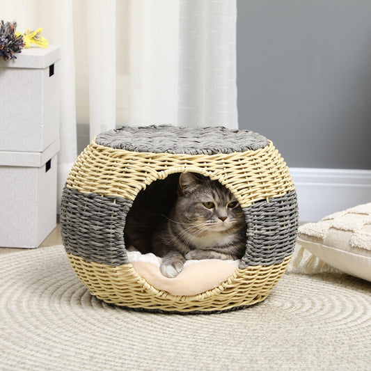 PawHut Wicker Cat House, Comfy Raised Bed with Washable Cushion - ALL4U RETAILER LTD