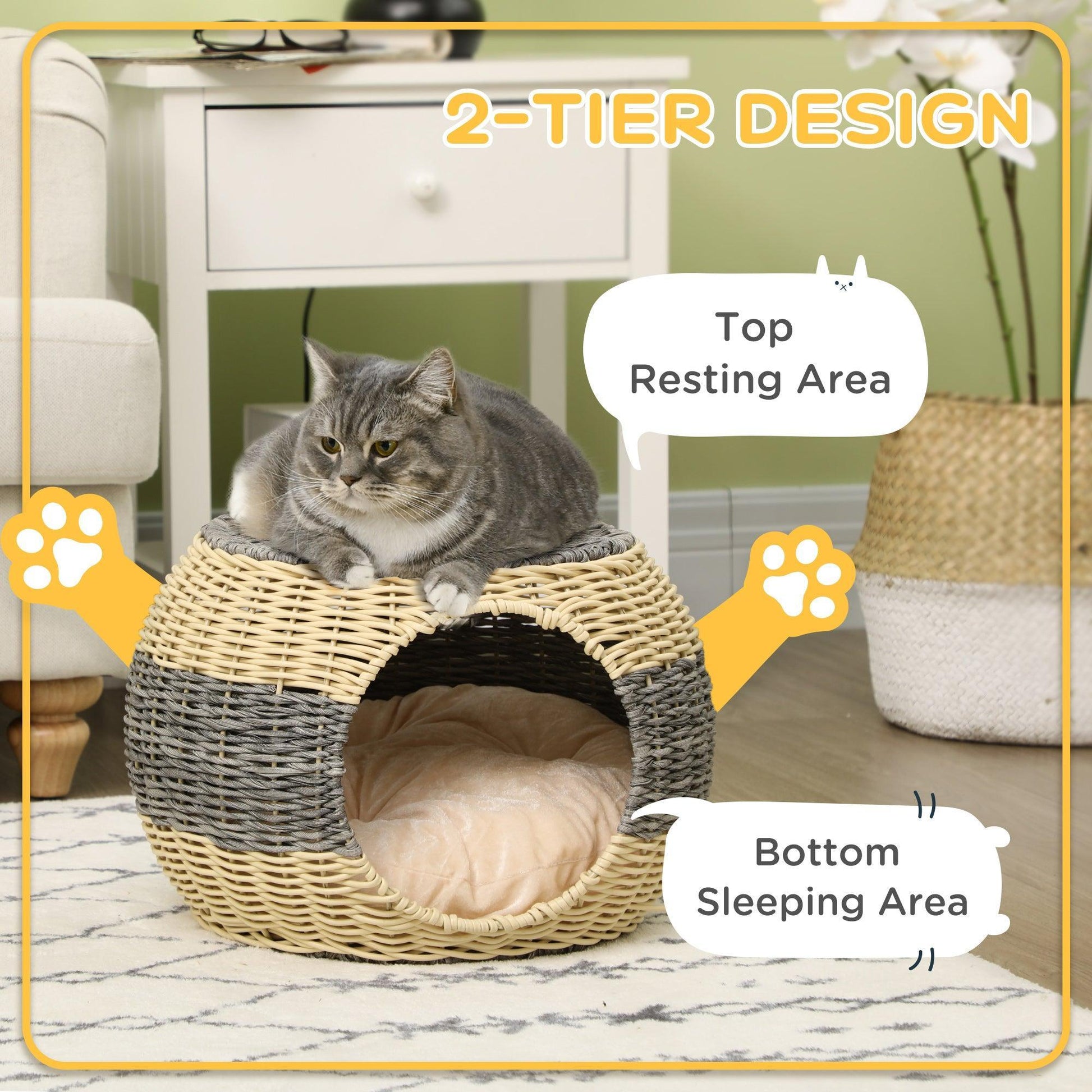 PawHut Wicker Cat House, Comfy Raised Bed with Washable Cushion - ALL4U RETAILER LTD