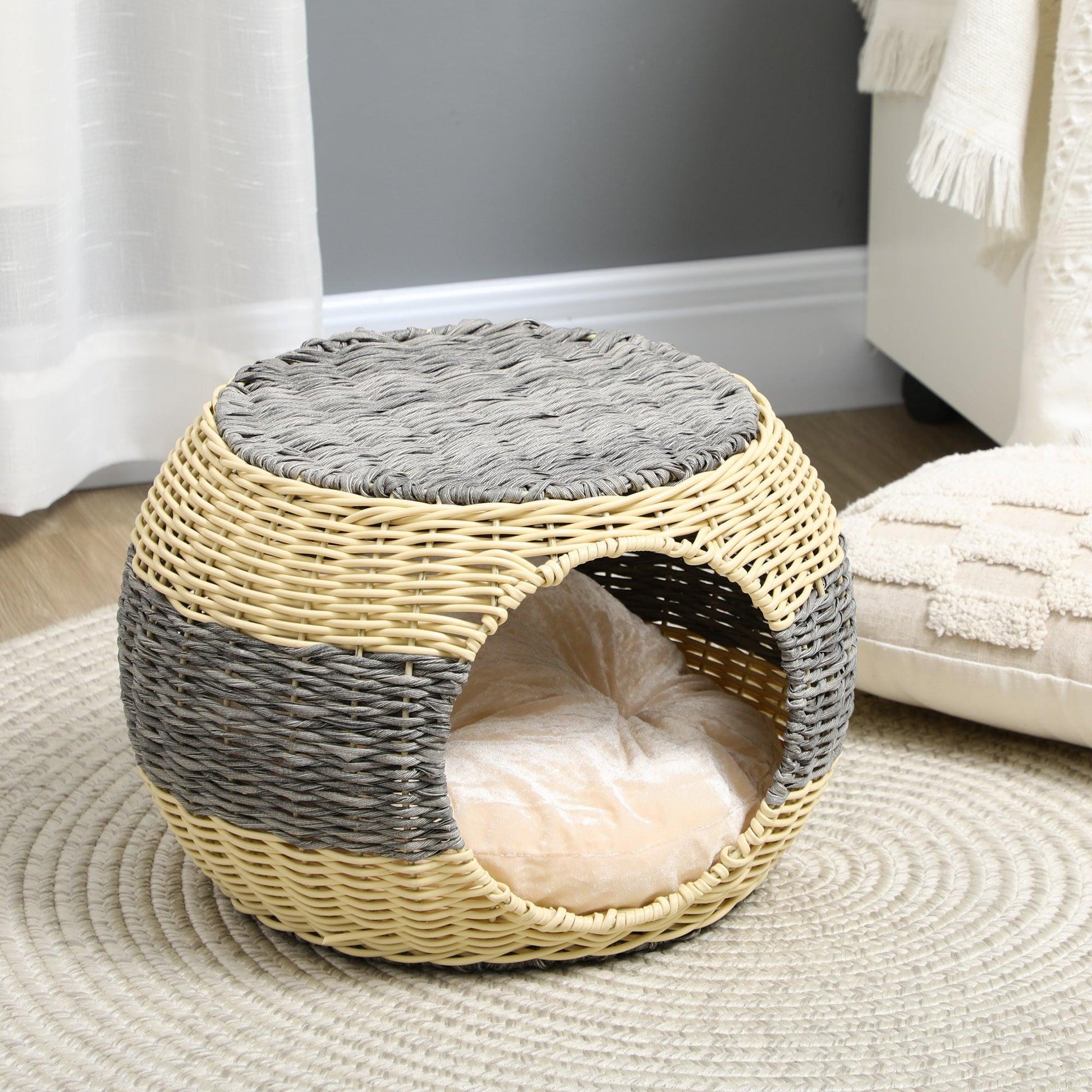 PawHut Wicker Cat House, Comfy Raised Bed with Washable Cushion - ALL4U RETAILER LTD