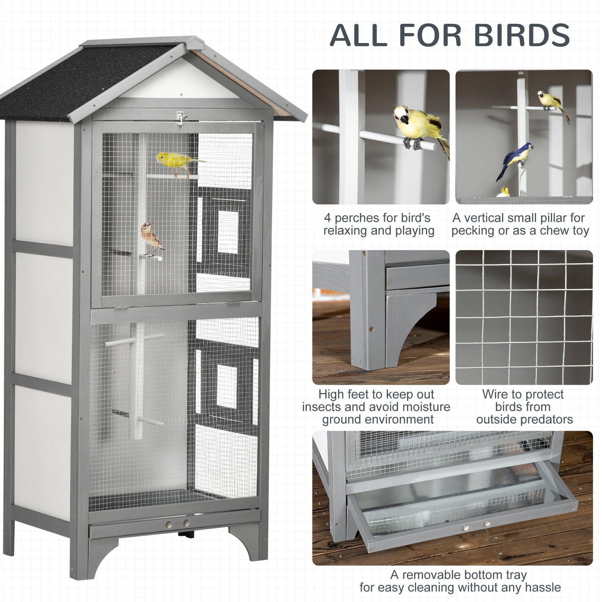 PawHut Wooden Bird Cage- Removable Tray, Grey - ALL4U RETAILER LTD