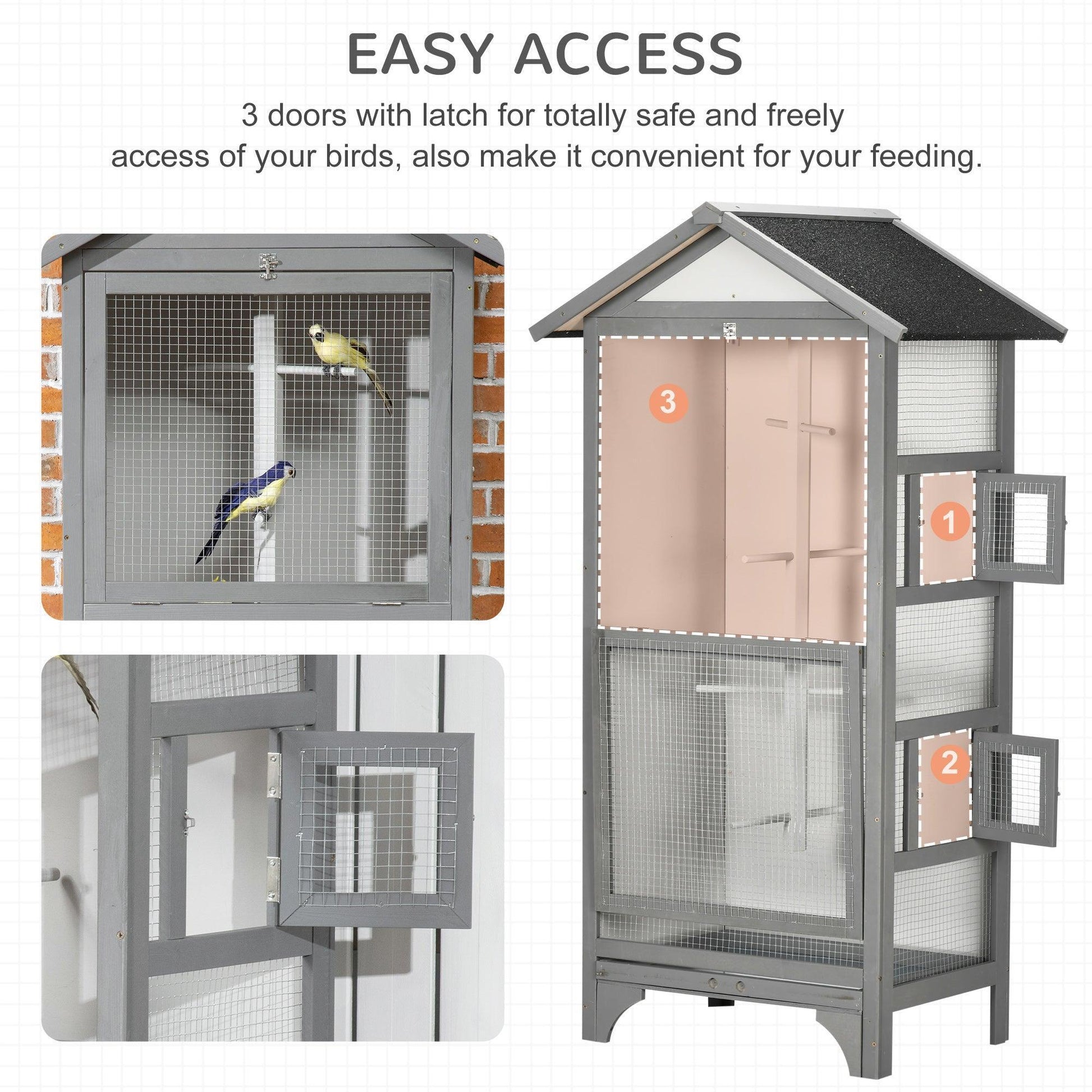 PawHut Wooden Bird Cage- Removable Tray, Grey - ALL4U RETAILER LTD