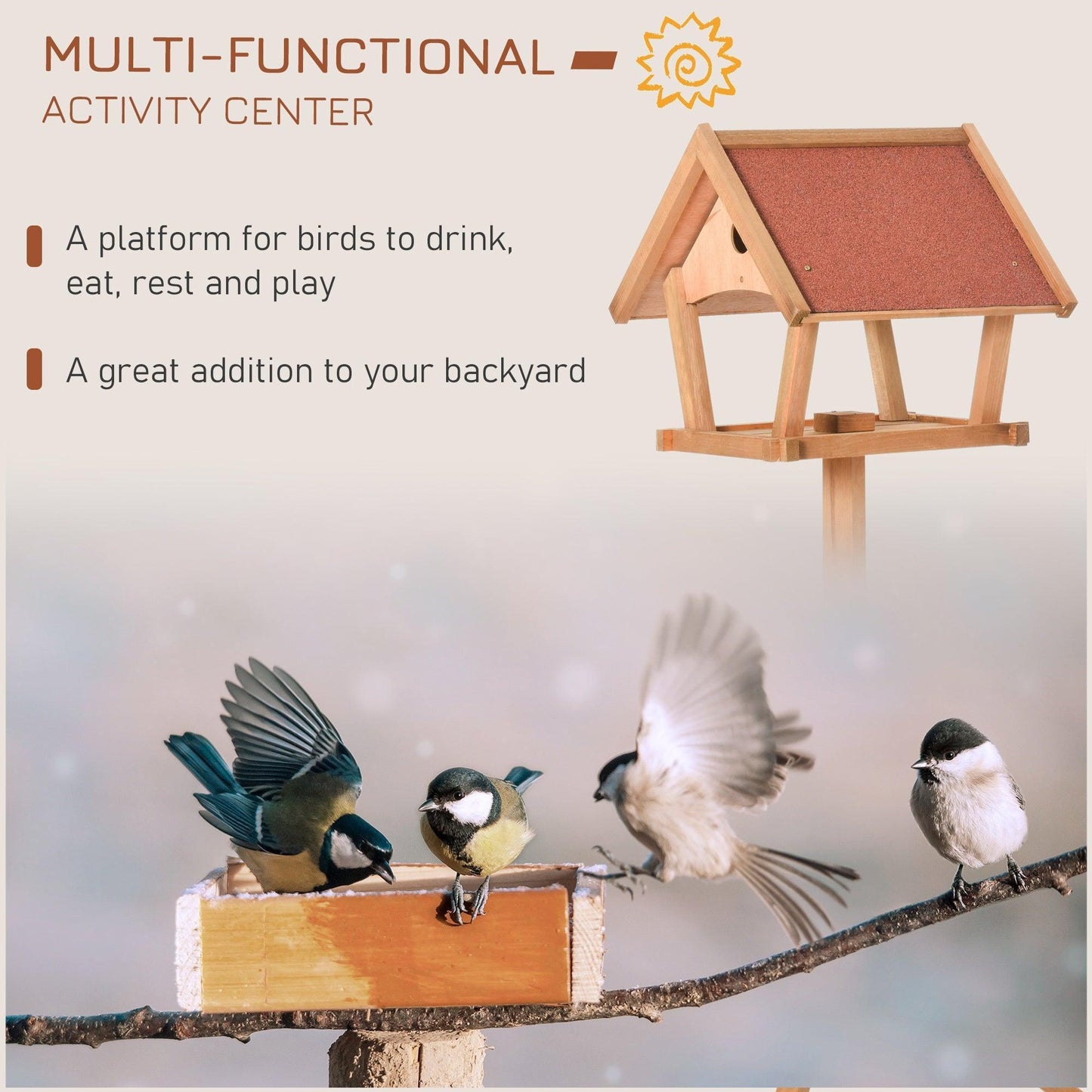 PawHut Wooden Bird Feeder Table- Outdoor Decorative, Weather Resistant - ALL4U RETAILER LTD