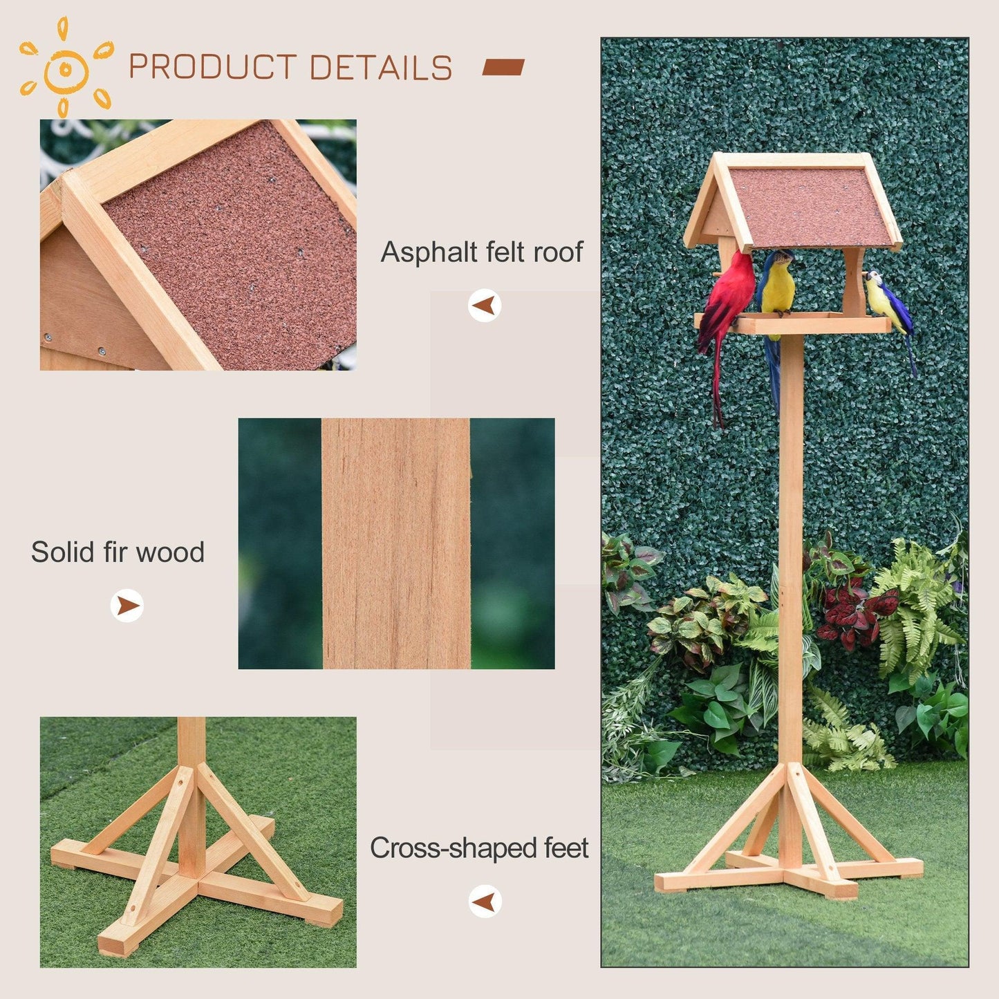 PawHut Wooden Bird Feeder Table Stand: Weather Resistant, 55x55x144cm - ALL4U RETAILER LTD