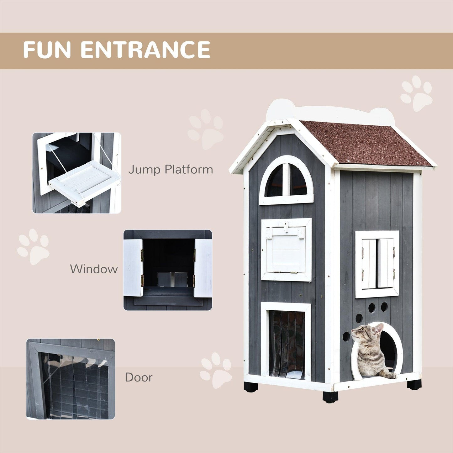 PawHut Grey Weatherproof Cat House - 2 Floors - ALL4U RETAILER LTD