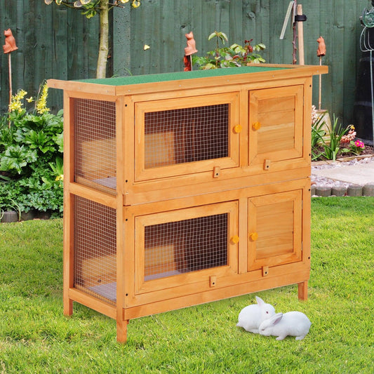 PawHut Wooden Rabbit Hutch: 2 Tiers Bunny House with Slide-Out Tray - ALL4U RETAILER LTD