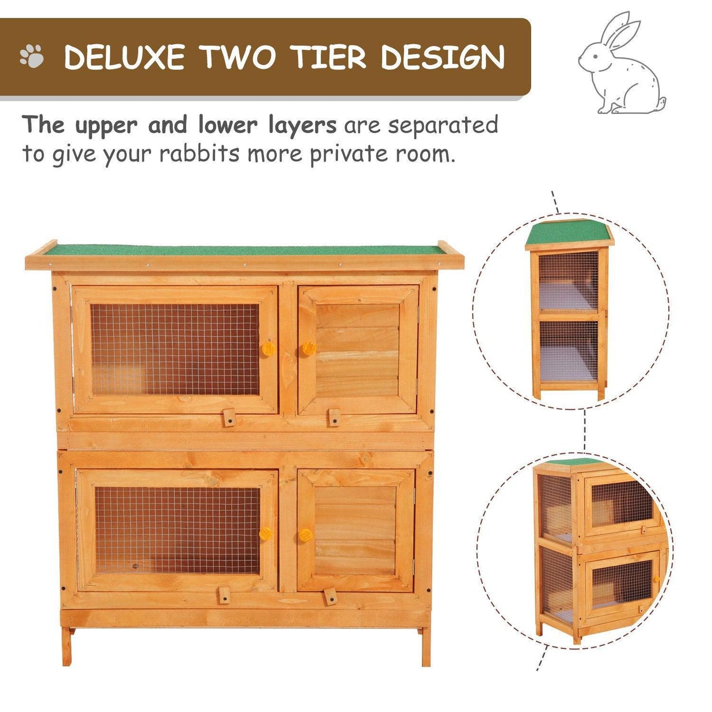 PawHut Wooden Rabbit Hutch: 2 Tiers Bunny House with Slide-Out Tray - ALL4U RETAILER LTD