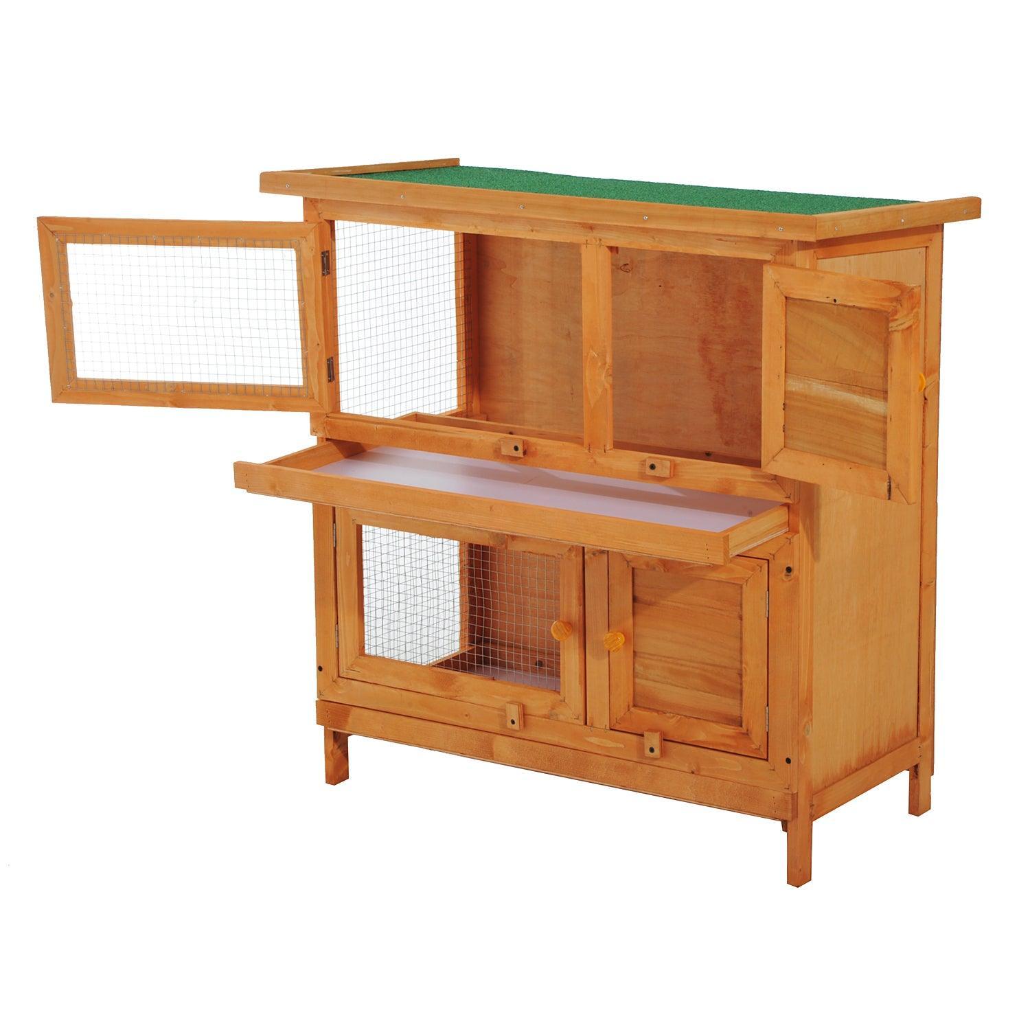 PawHut Wooden Rabbit Hutch: 2 Tiers Bunny House with Slide-Out Tray - ALL4U RETAILER LTD