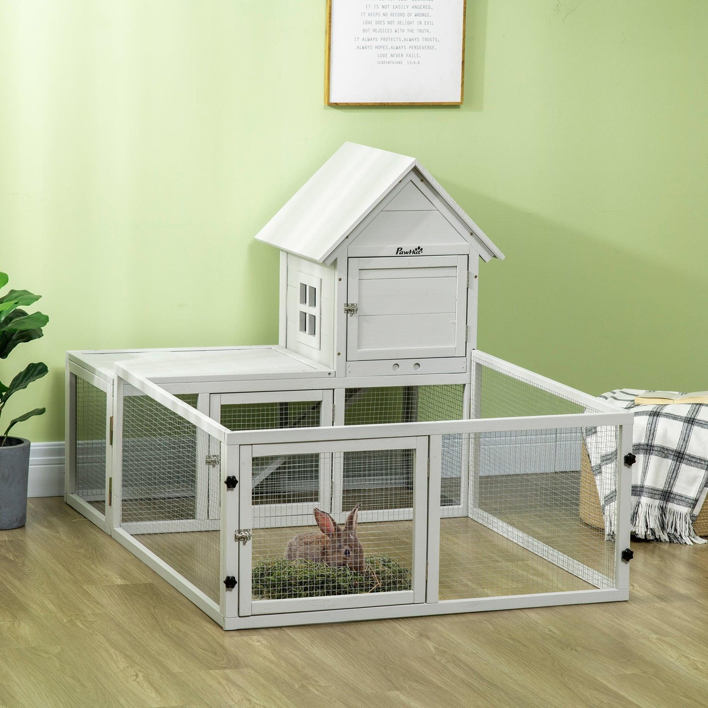 PawHut Wooden Rabbit Hutch with Fenced Area, Small Animal Cage - ALL4U RETAILER LTD