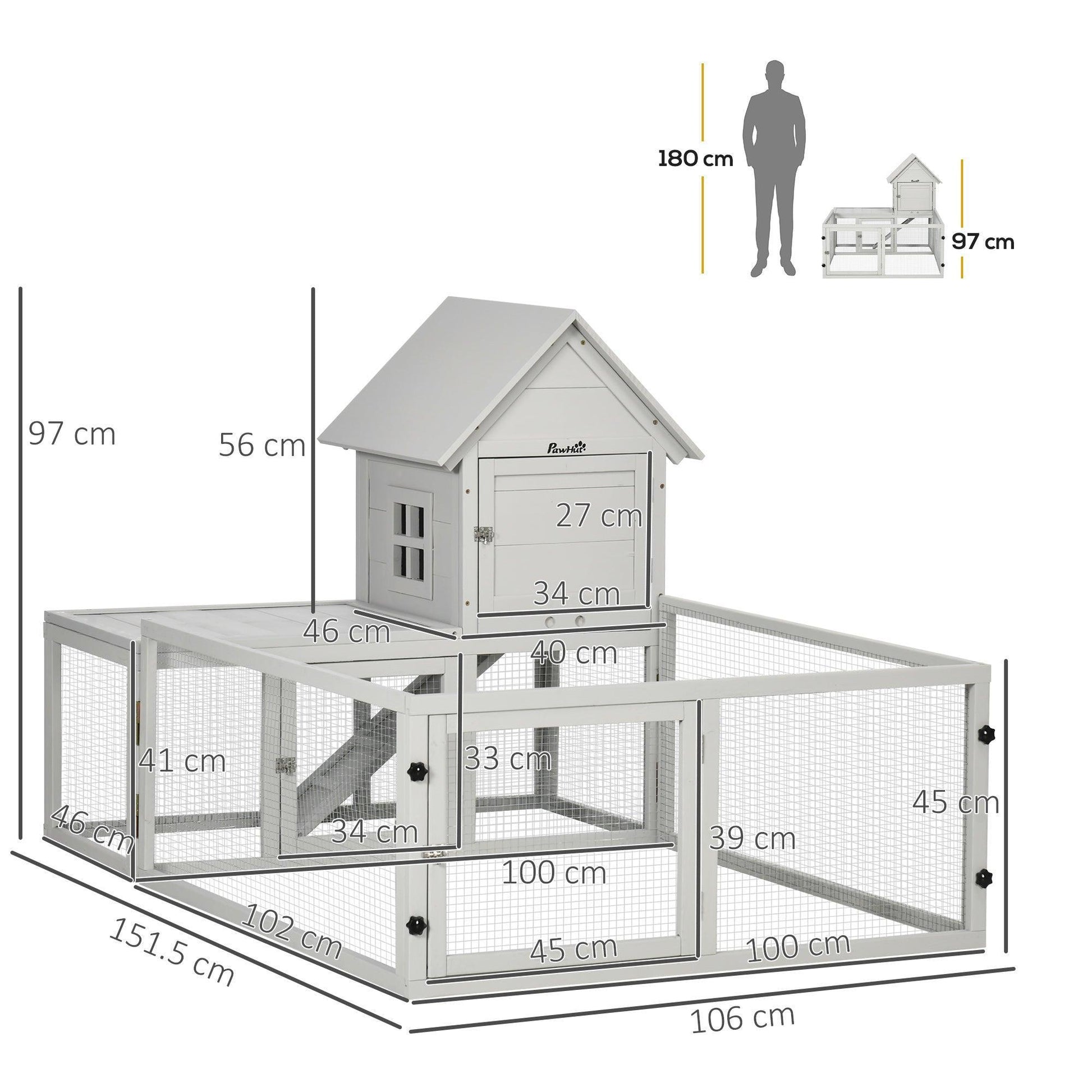 PawHut Wooden Rabbit Hutch with Fenced Area, Small Animal Cage - ALL4U RETAILER LTD