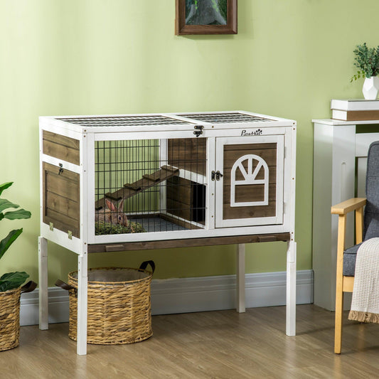 PawHut Wooden Rabbit Hutch with Openable Roof - ALL4U RETAILER LTD