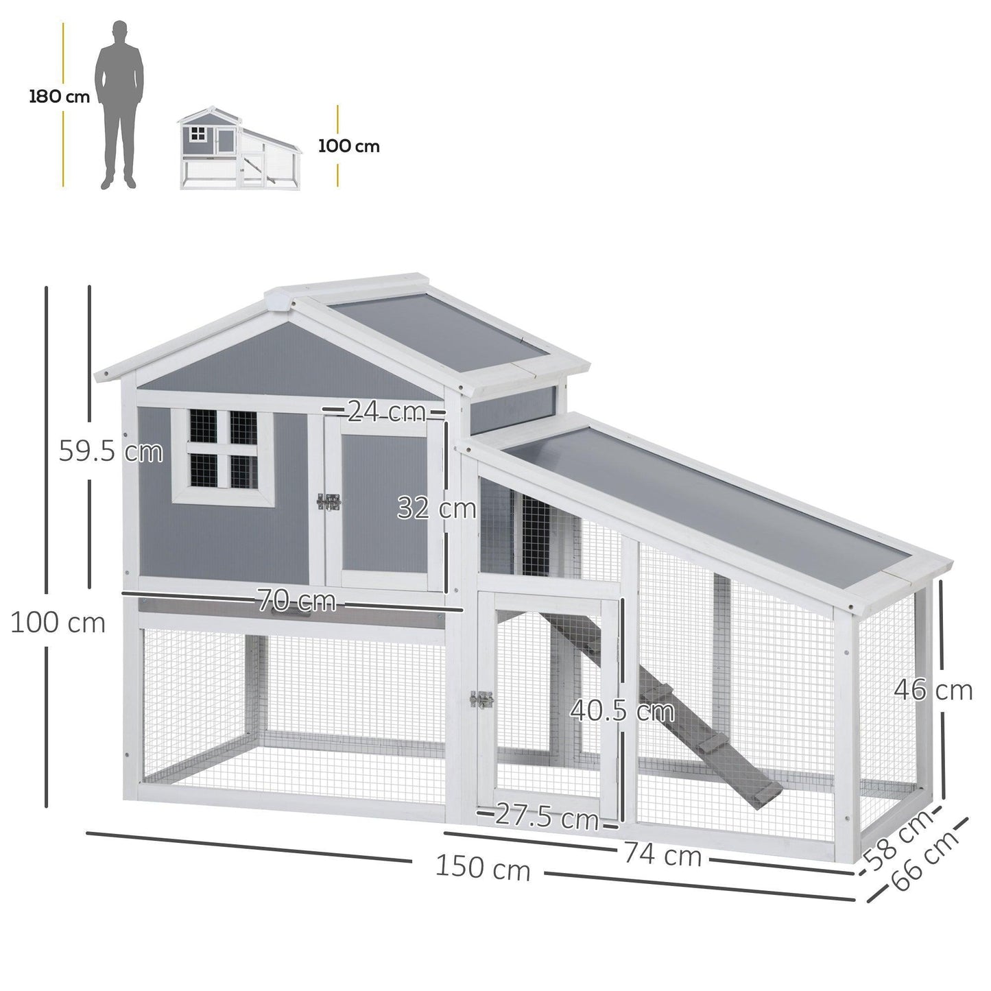 PawHut Wooden Rabbit Hutch with Sunlight Panel Roof - Grey - ALL4U RETAILER LTD