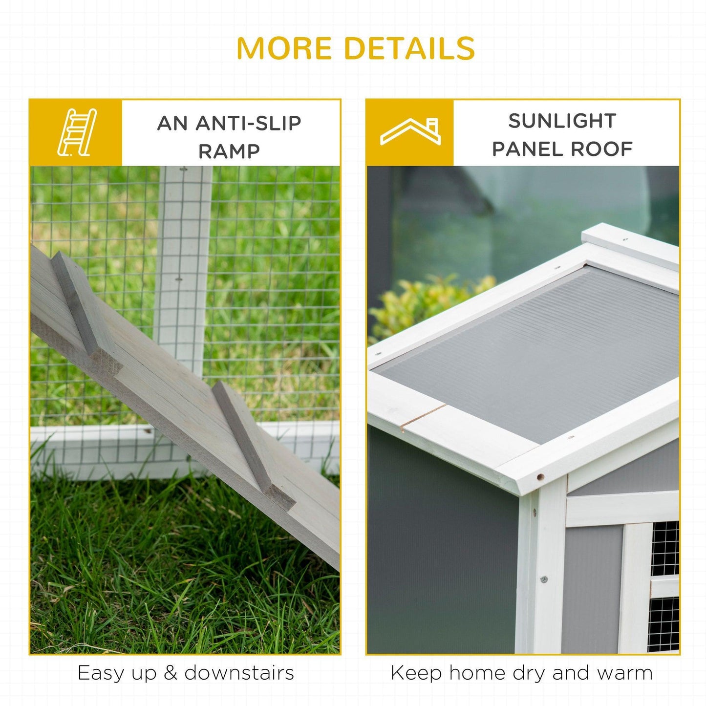 PawHut Wooden Rabbit Hutch with Sunlight Panel Roof - Grey - ALL4U RETAILER LTD