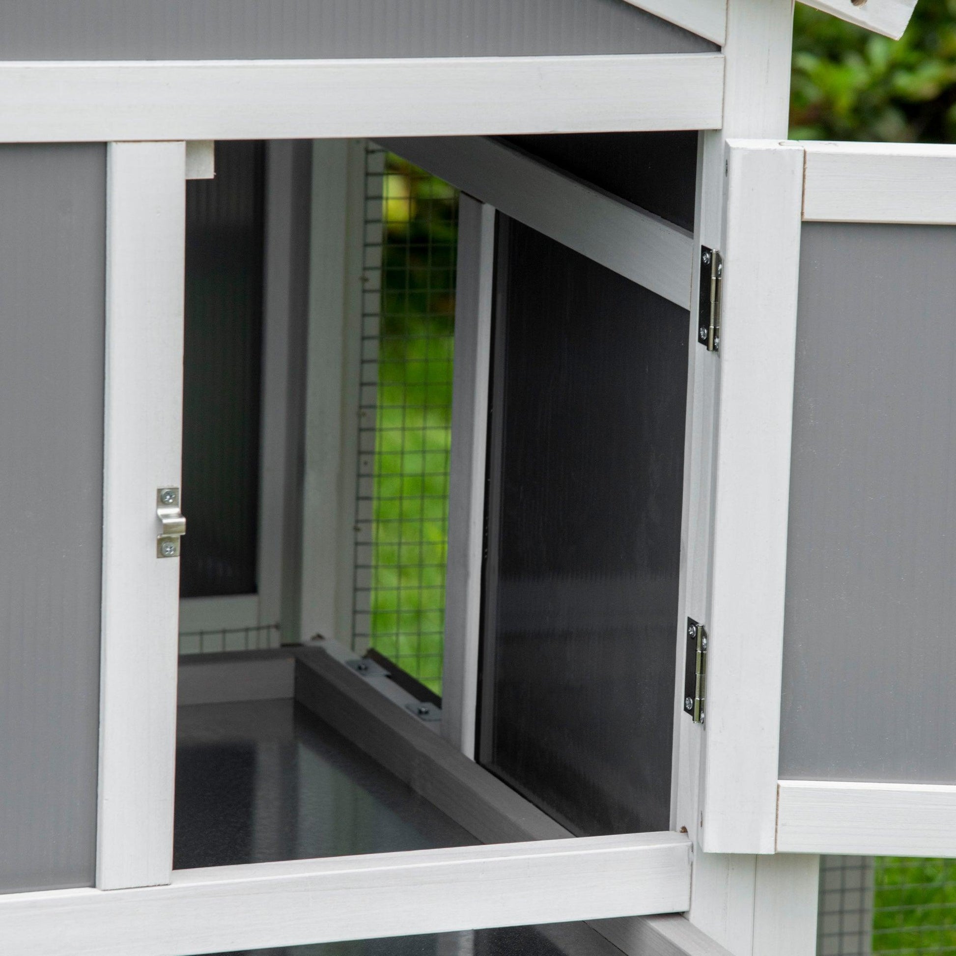 PawHut Wooden Rabbit Hutch with Sunlight Panel Roof - Grey - ALL4U RETAILER LTD