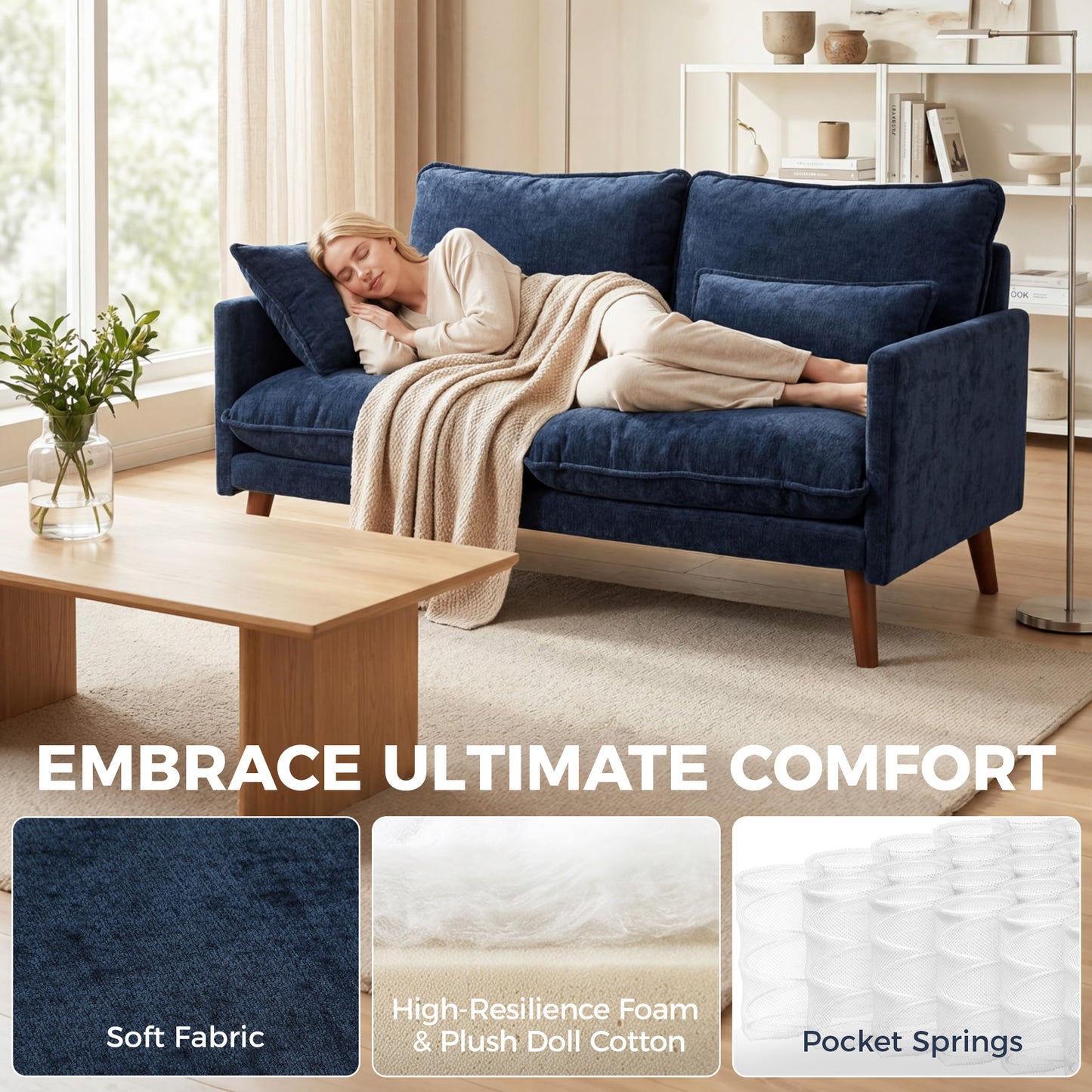 HOMCOM 2 Seater Sofa With Spring Cushions Wide And Deep Seat Wood Legs Blue Compact 131 Cm Footprint For Small Flats