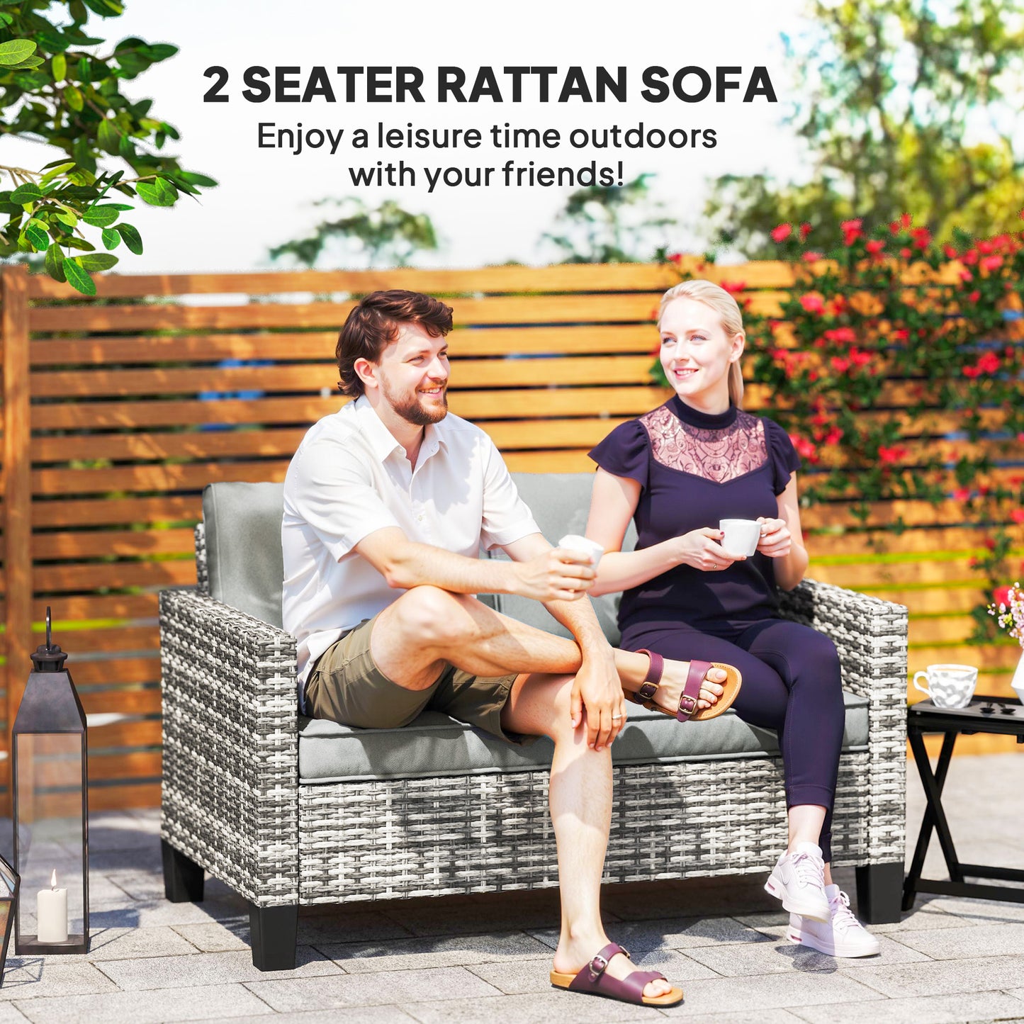 Outsunny Two Seater Rattan Outdoor Sofa With Thick Cushions And Adjustable Feet Light Grey