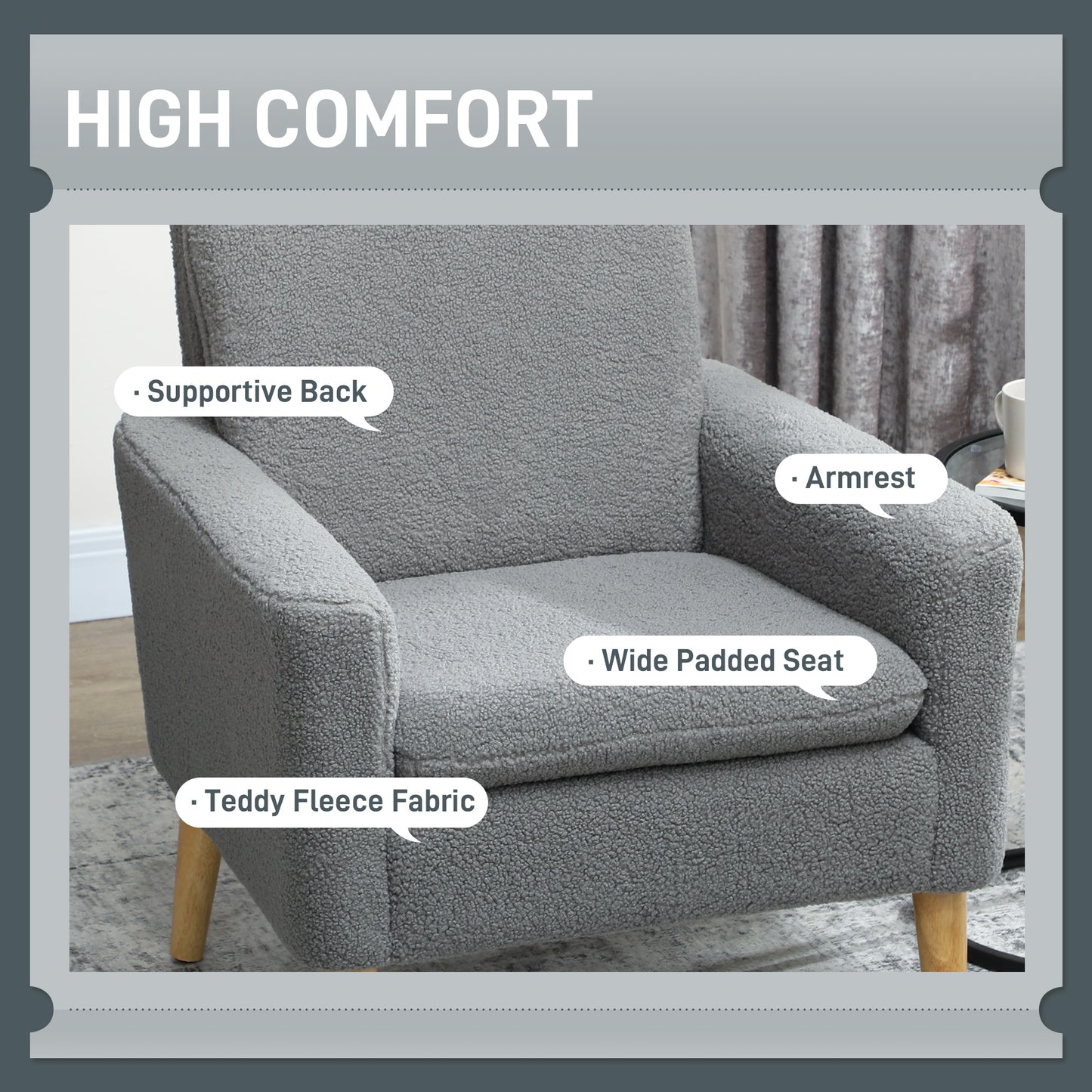 HOMCOM Teddy Fabric Armchair With Wood Legs Wide Padded Seat Upholstered Accent Chair In Grey