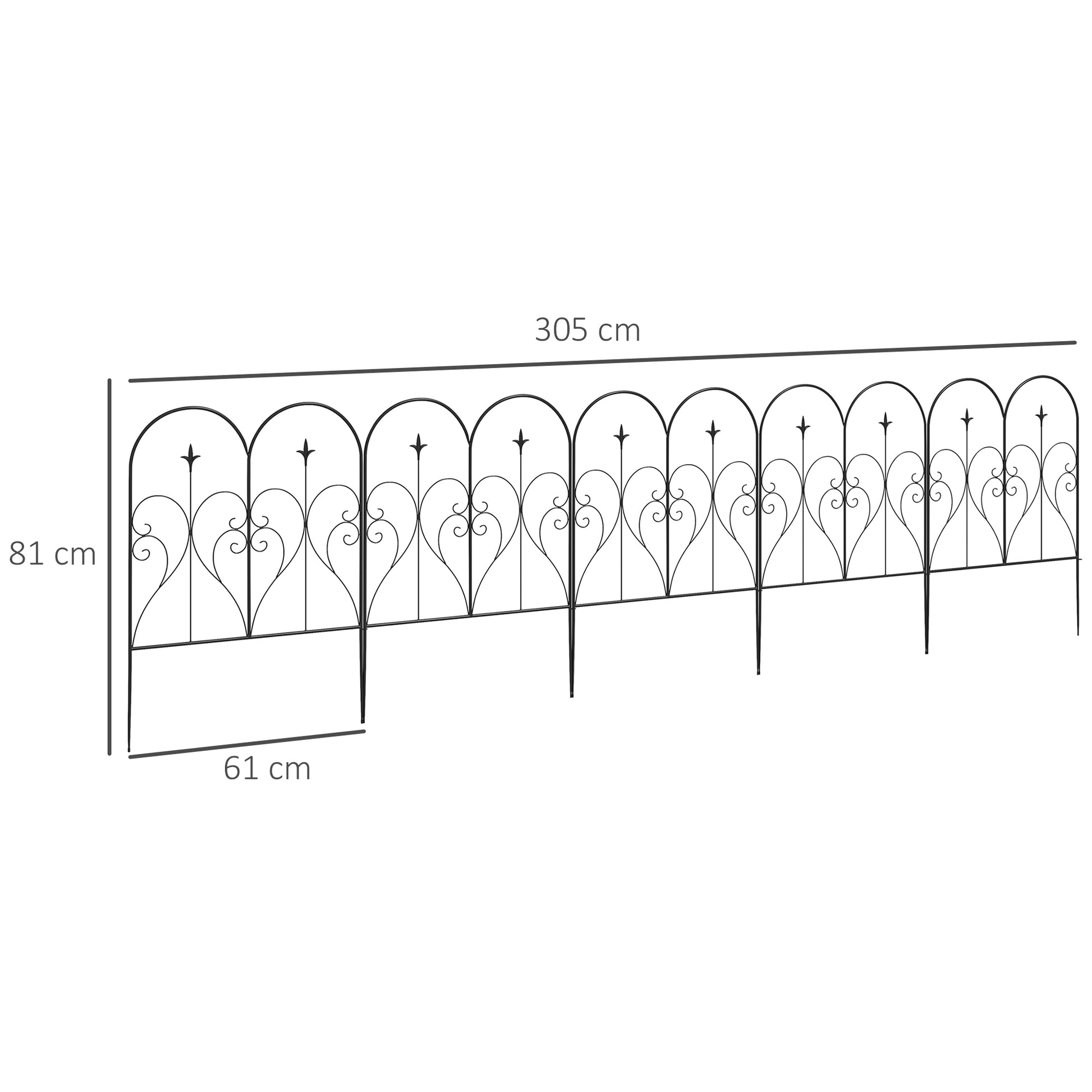 Outsunny Decorative Heart-Shaped Metal Garden Fence Panels - Set of 5, Flexible Outdoor Picket Design, Black - ALL4U RETAILER LTD