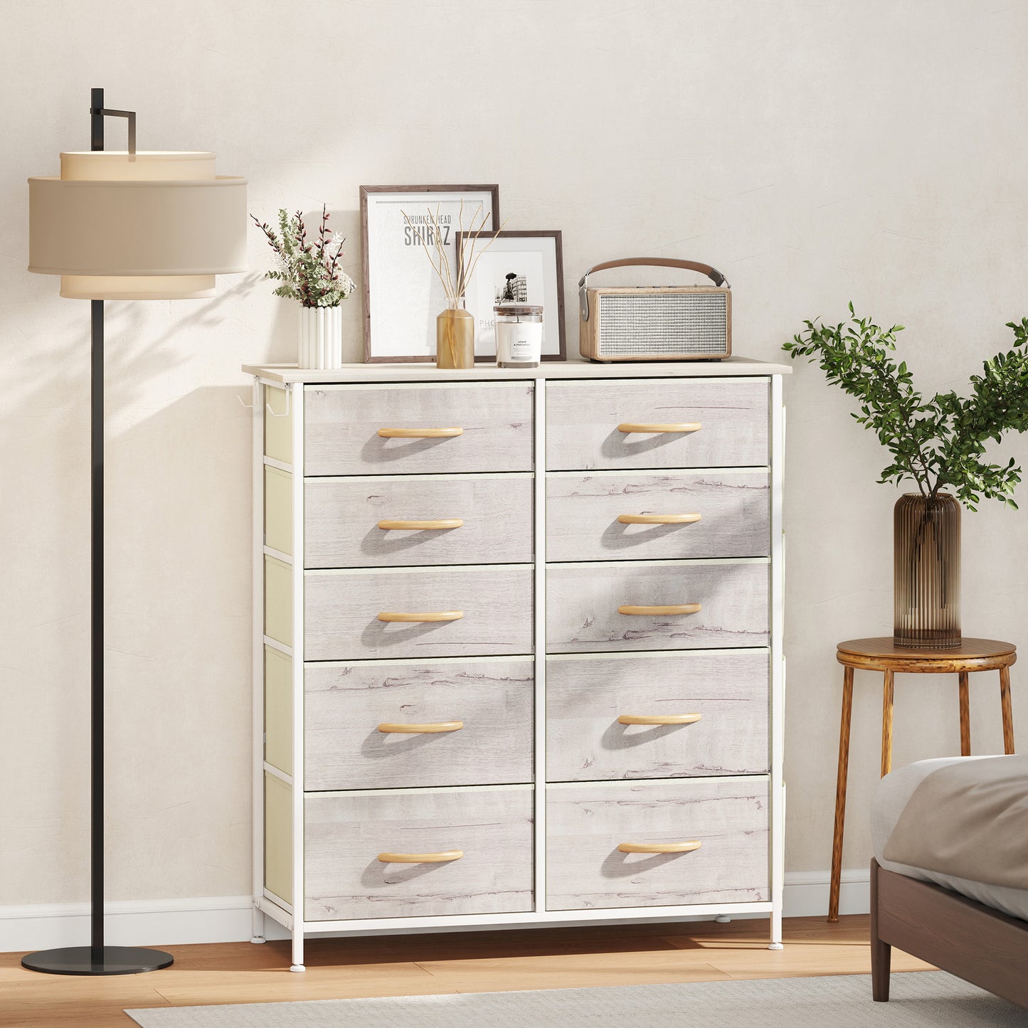 HOMCOM Ten Fabric Drawer Chest With Steel Frame And Side Pockets And Two Hooks Natural Wood Finish