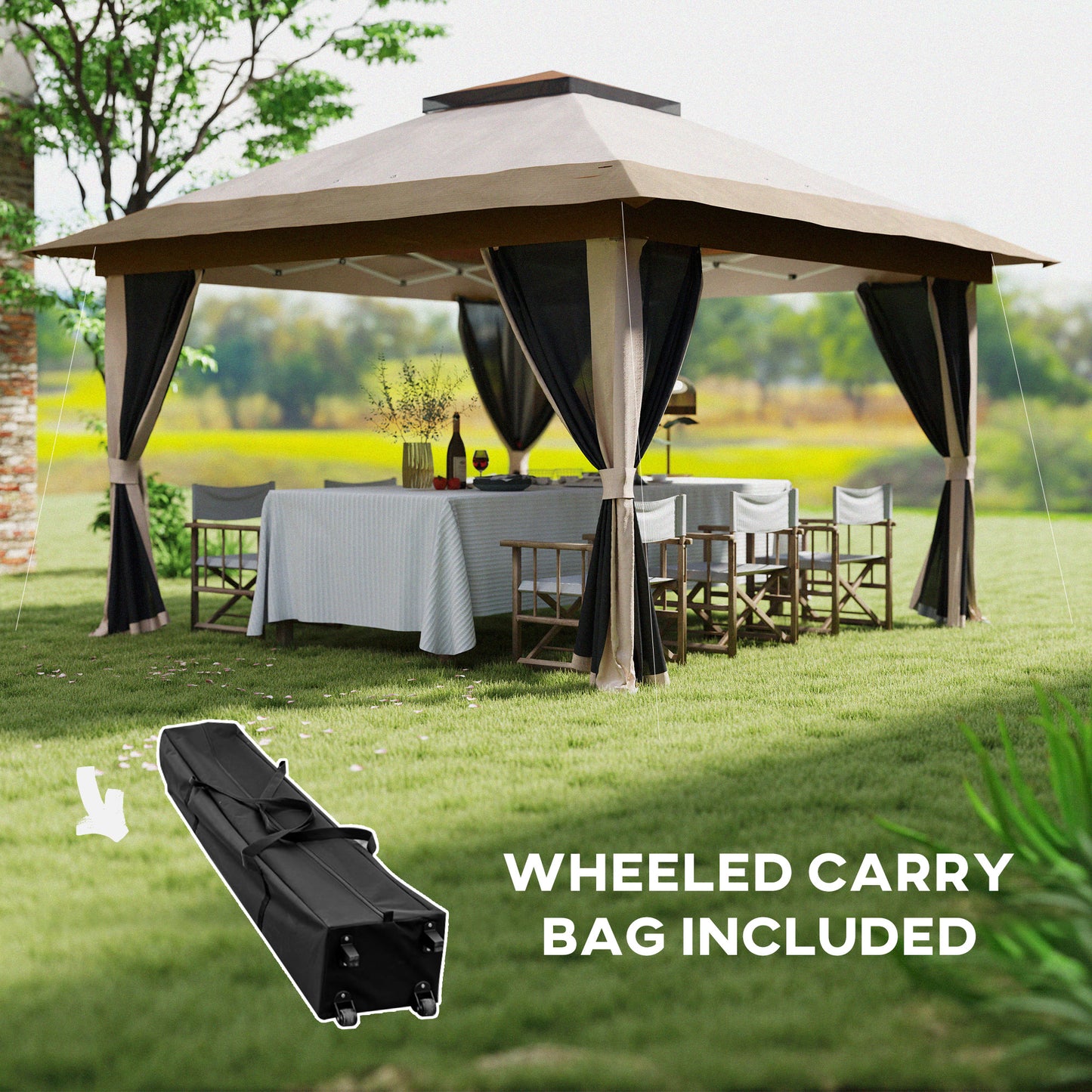 Outsunny 3.6 x 3.6m Pop Up Gazebo With Accessories Beige UPF50 Plus Canopy And Removable Mesh Lining