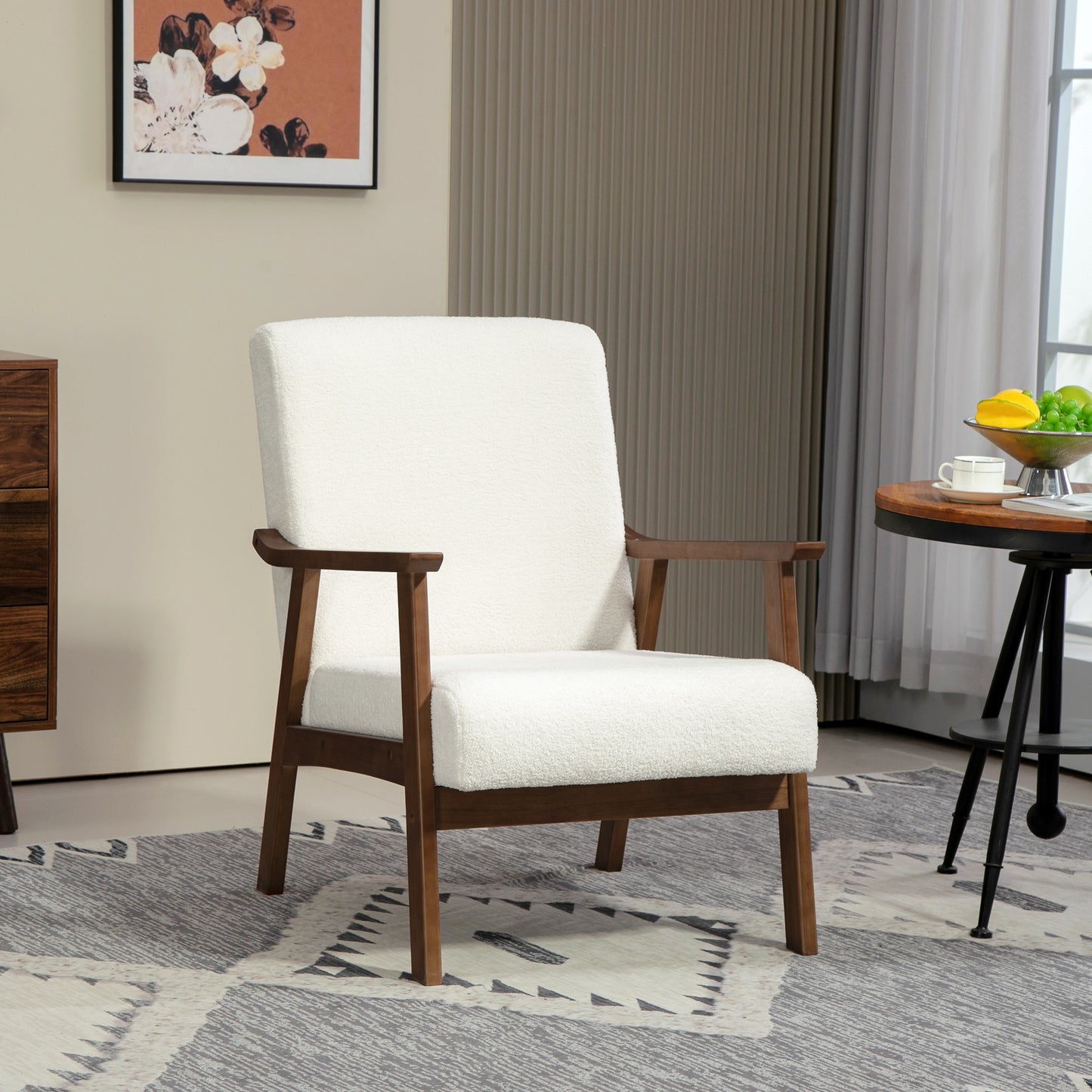 HOMCOM Boucle Seat Mid Century Accent Chair White With Plush Cashmere Feel Upholstery