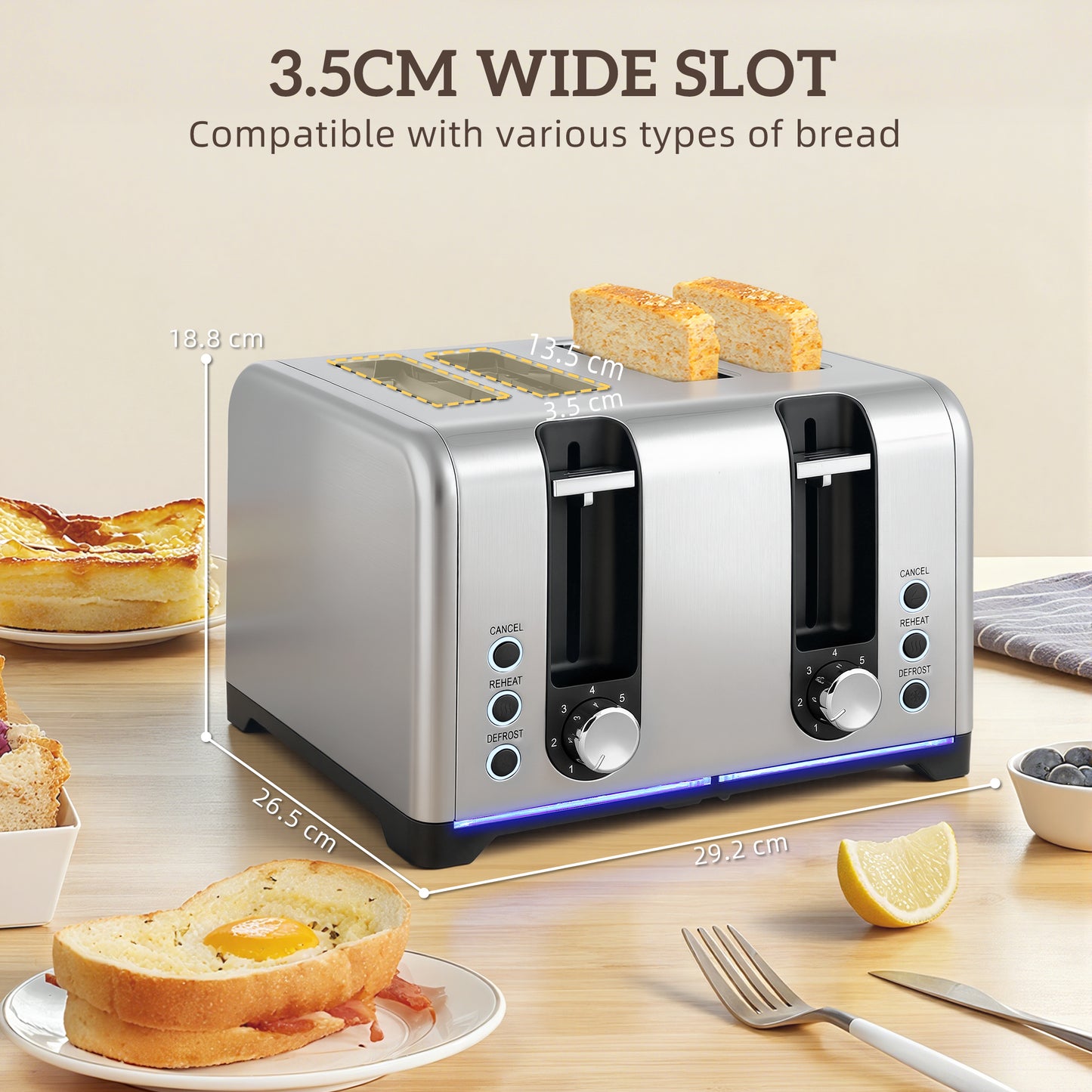 HOMCOM Kettle And Toaster Set 1.7L 3000W Rapid Boil Kettle With Limescale Filter 7 Browning Controls LED Strip Silver