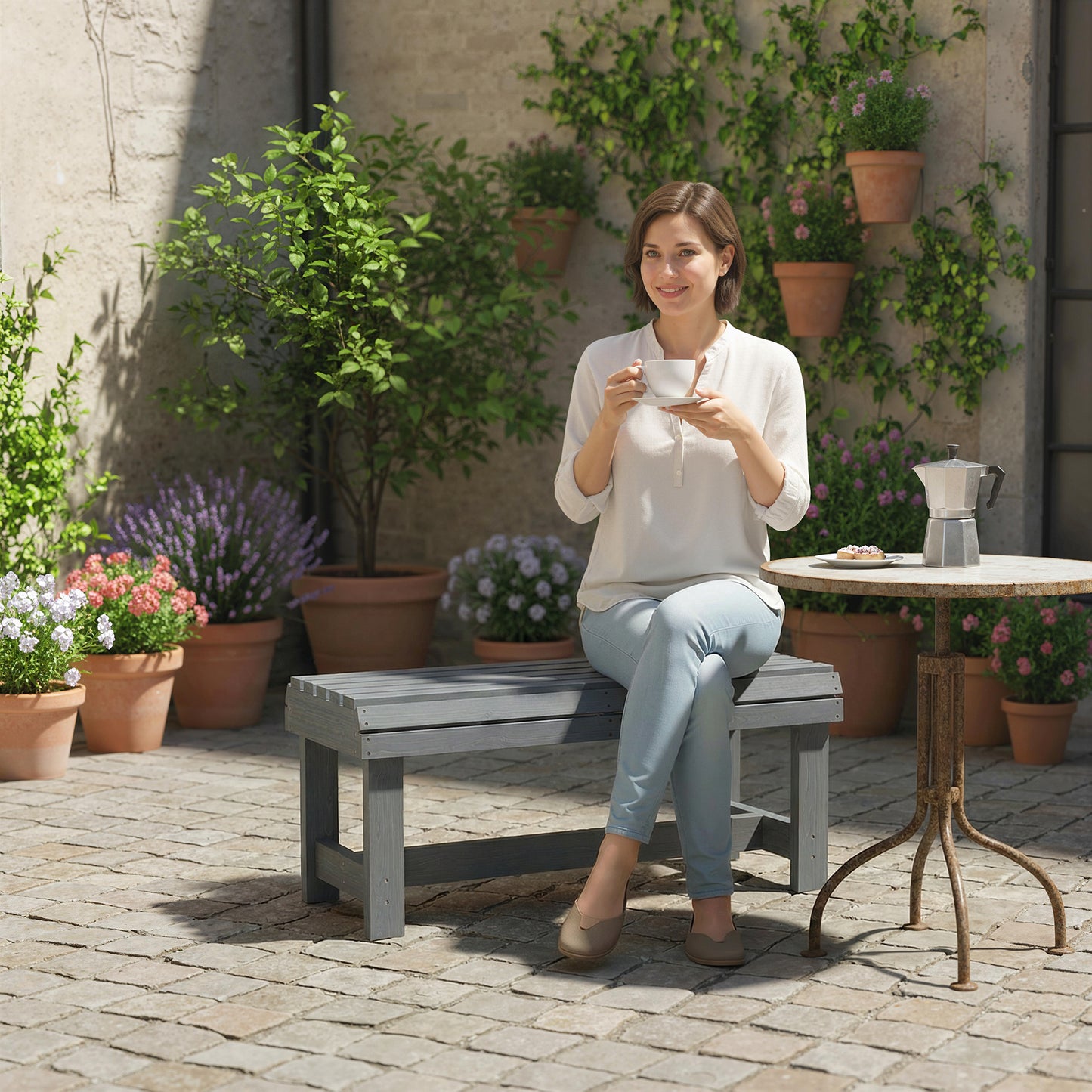 Outsunny Wooden Outdoor Bench 2 Seater Garden Bench Backless Patio Bench With Slatted Curved Seat Grey Embossed Finish