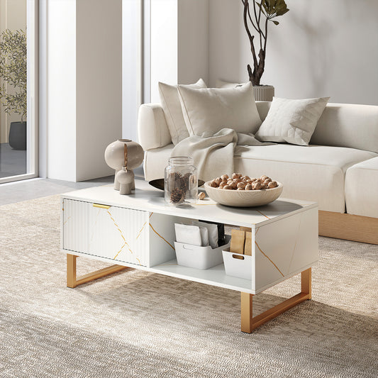HOMCOM Marble Effect Storage Coffee Table White With Drawer And Shelves Steel Legs Modern Living Room