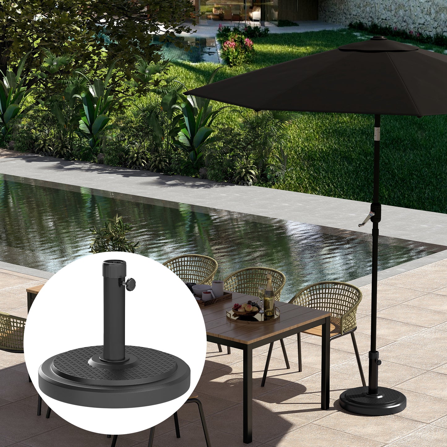 Outsunny 22kg Garden Parasol Base Round HDPE Sun Umbrella Base Heavy Duty For 38mm Or 48mm Poles Black