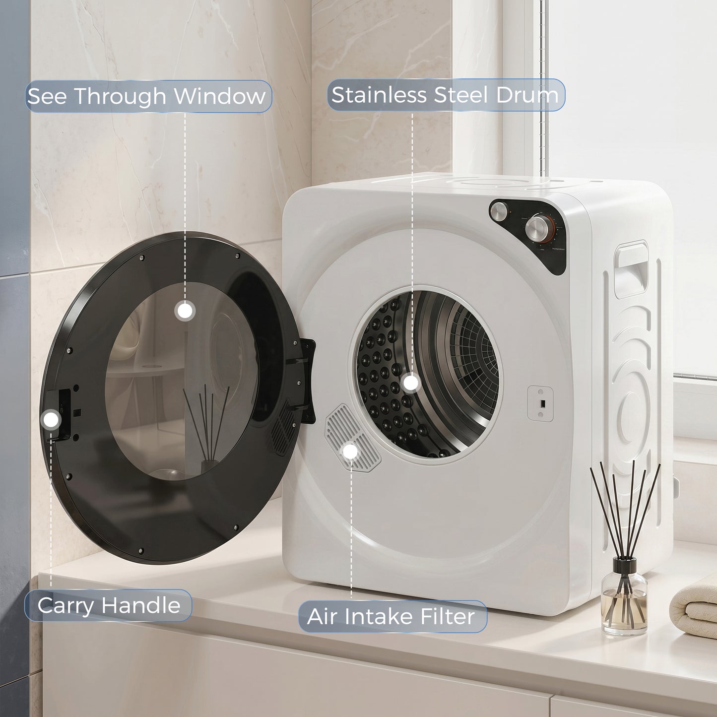 HOMCOM 5kg Vented Tumble Dryer 1000W Compact With 5 Drying Modes Stainless Steel Drum White