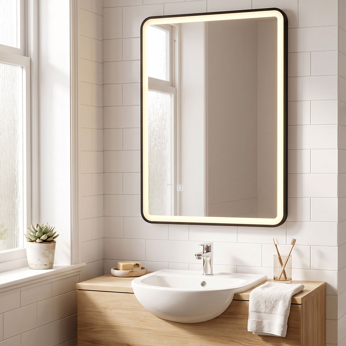 Wall-mounted rectangular LED bathroom mirror with warm light border