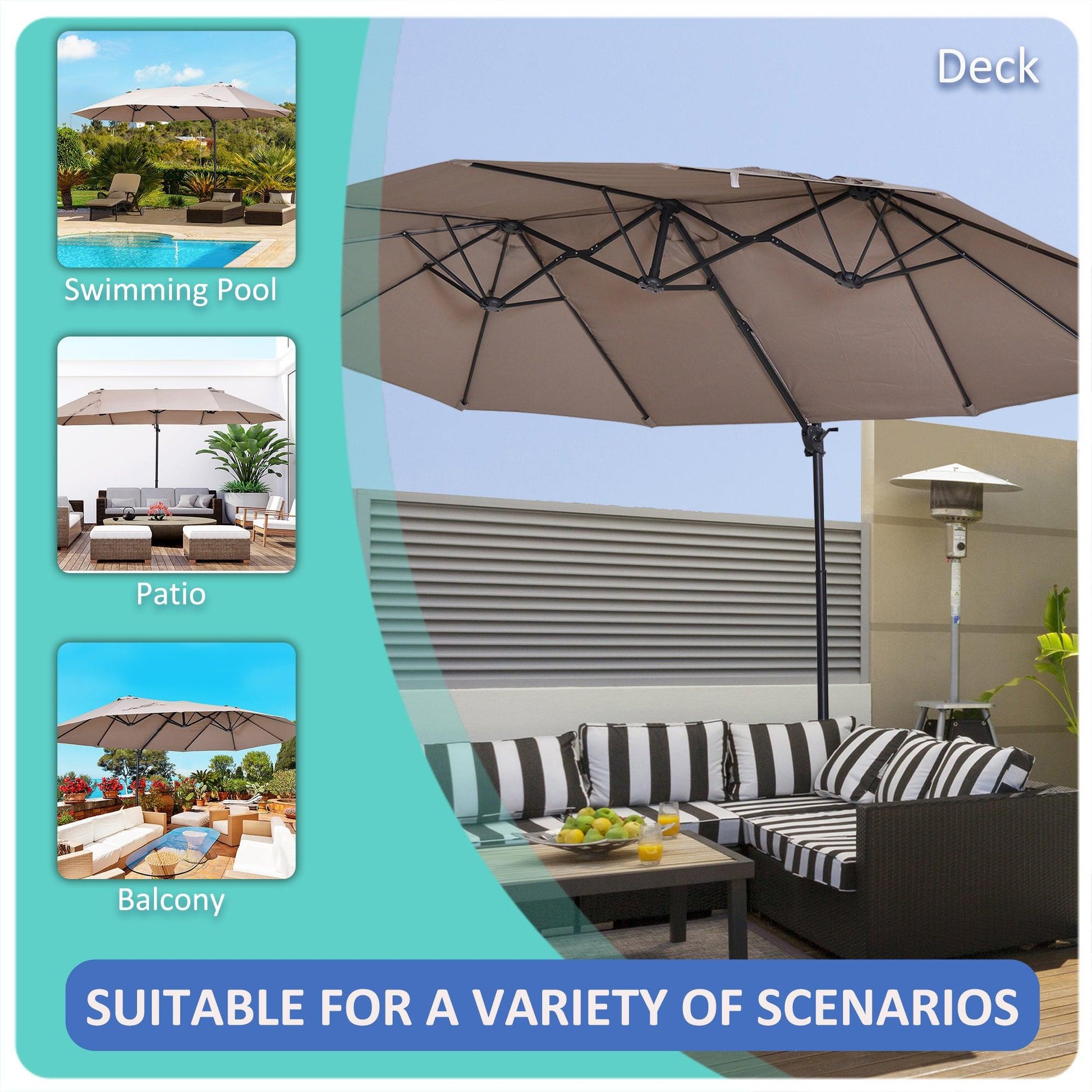 Outsunny Double Canopy Offset Parasol Umbrella Garden Shade with 12 Support Ribs Crank Handle Easy Lift Twin Canopy Brown - ALL4U RETAILER LTD