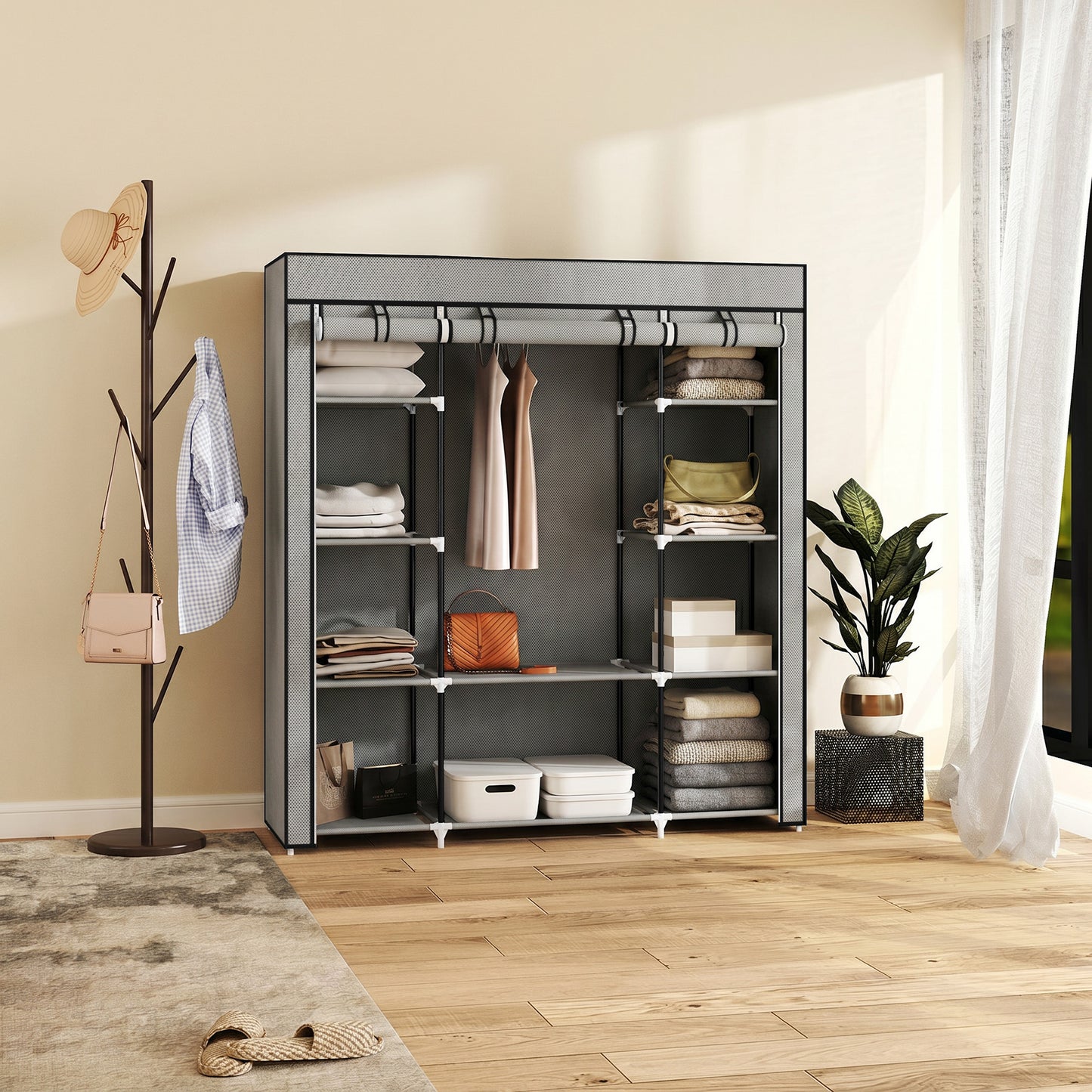HOMCOM Clothes Storage Organiser With Hanging Rail And Shelves Portable Wardrobe Foldable Fabric Wardrobe Light Grey