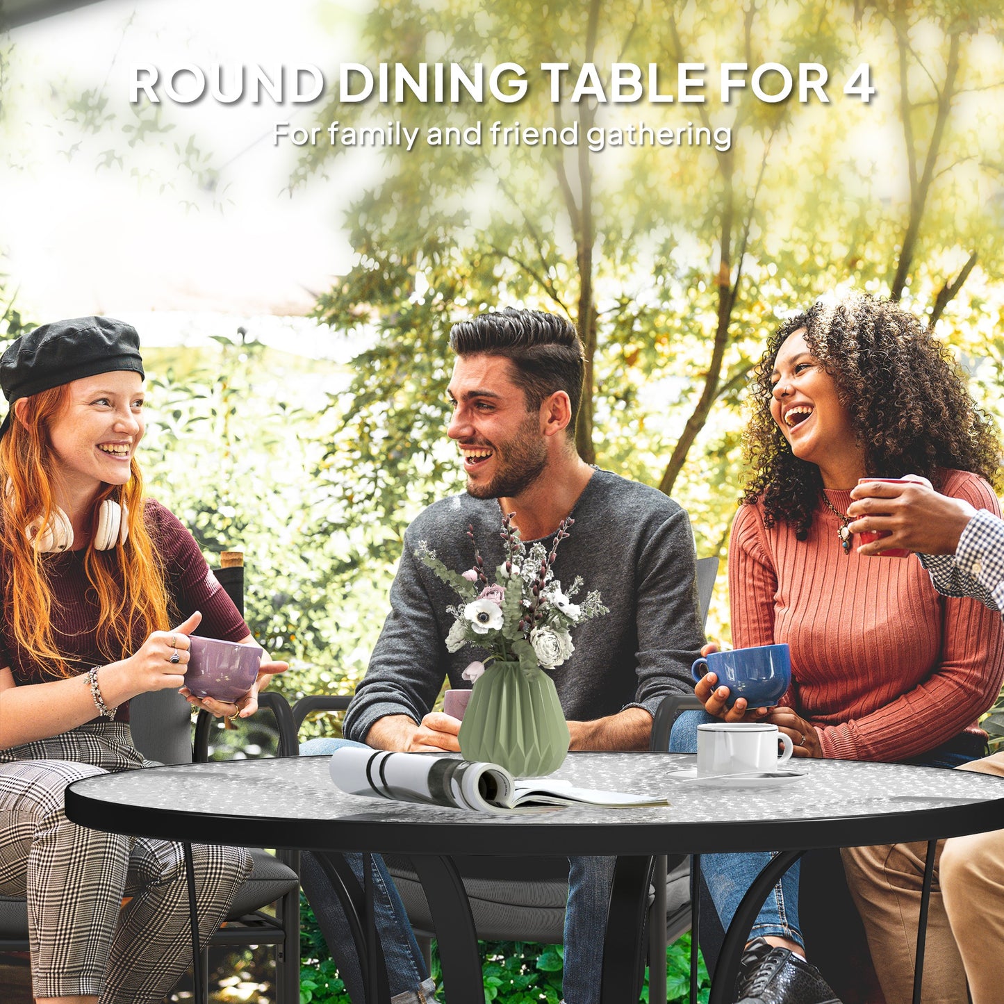 Outsunny Round Outdoor Dining Table With Tempered Glass Top And Parasol Hole 96.5 x 96.5 x 71 cm