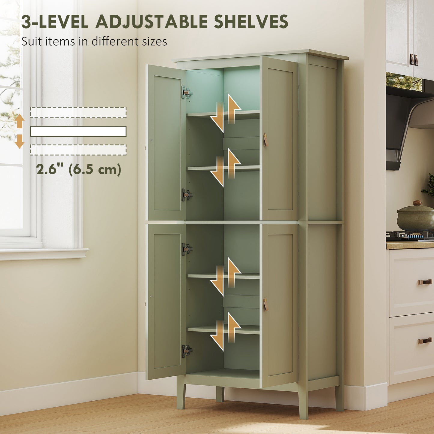 HOMCOM Tall Pantry Cupboard With Motion Sensor LED Light Green Cabinet With Adjustable Shelves And Three Colour Options