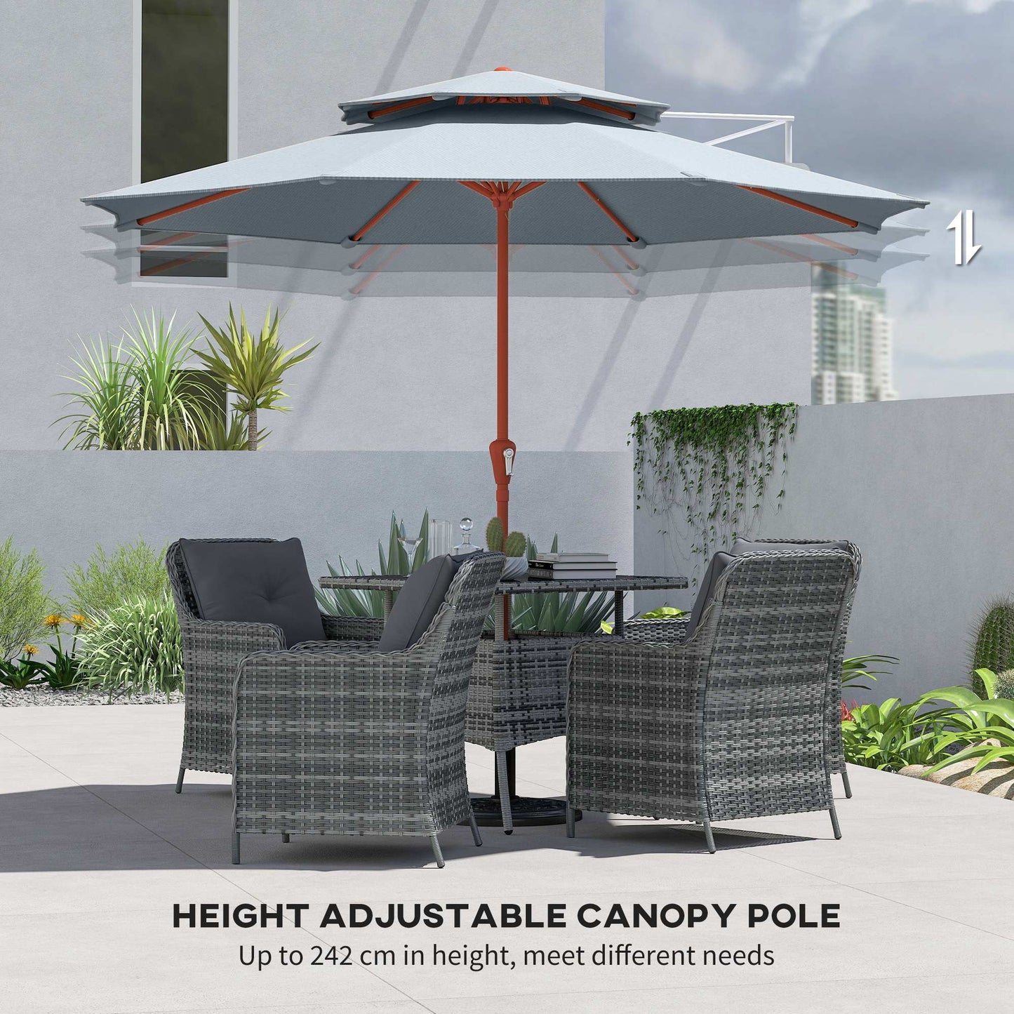 Outsunny 2.7m Garden Parasol With Double Top Canopy Outdoor Market Table Umbrella Crank System Light Grey