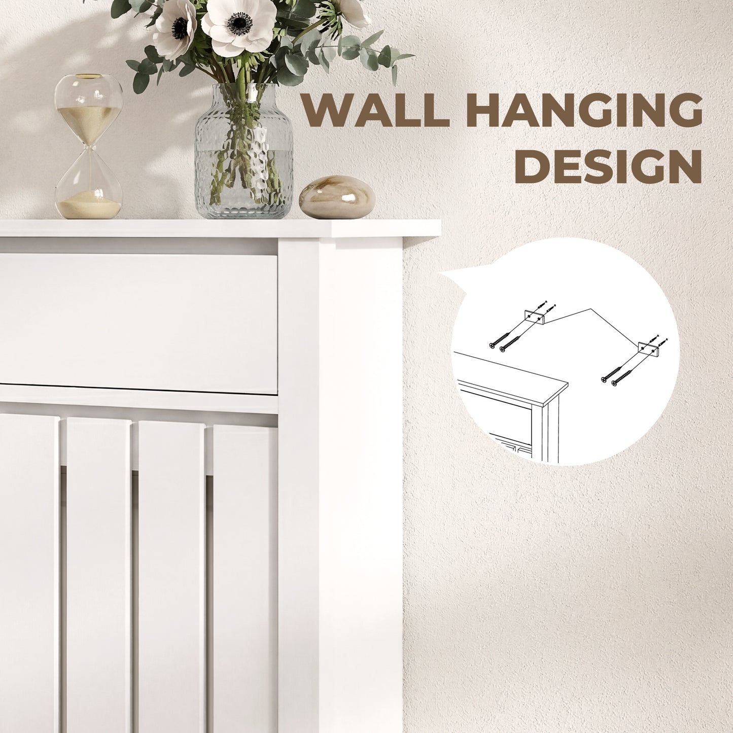 HOMCOM 93 x 88.5cm Rustic White Radiator Cover MDF Slatted Slim Design for Safe Heating
