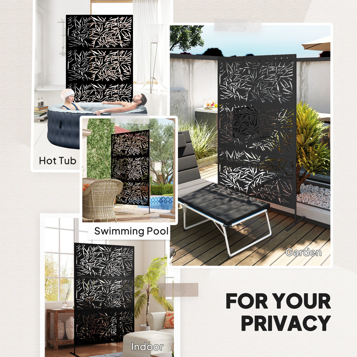 Outsunny 6.5FT Freestanding Garden Privacy Screen With Stand Expansion Screws Bamboo Style Metal Panel Black