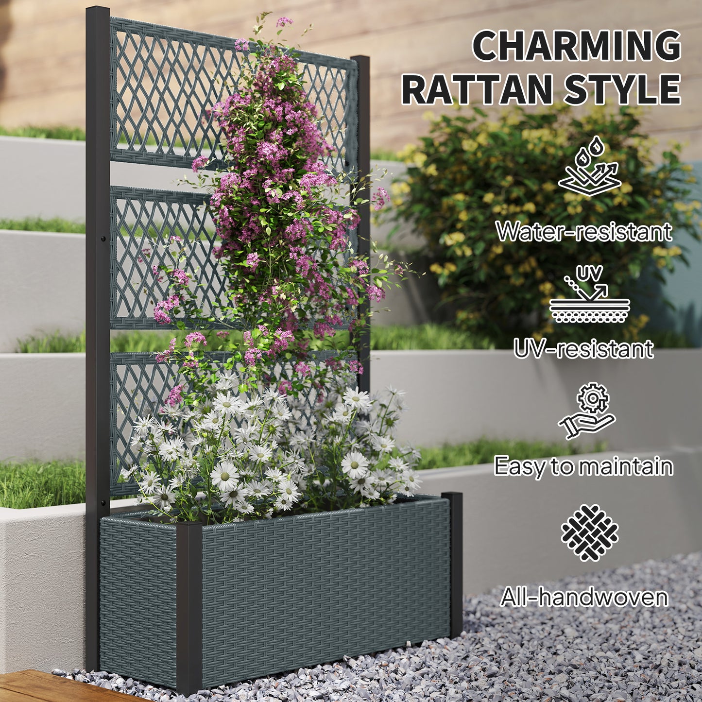 Outsunny Garden Planter Box With Trellis Liner For Climbing Plants Vegetables Flowers 90 X 35 X 148 Cm Charcoal Grey