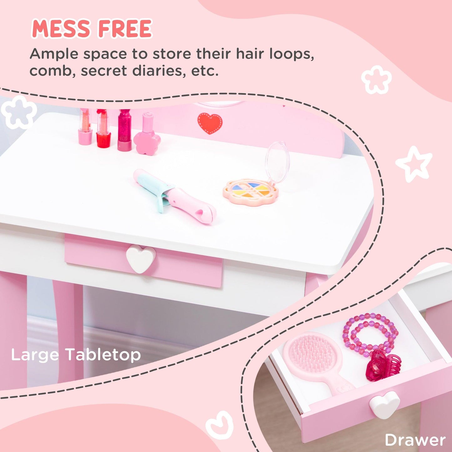 ZONEKIZ Kids Vanity Set w/ Mirror, Drawer, Cute Patterns, for Girls - Pink - ALL4U RETAILER LTD