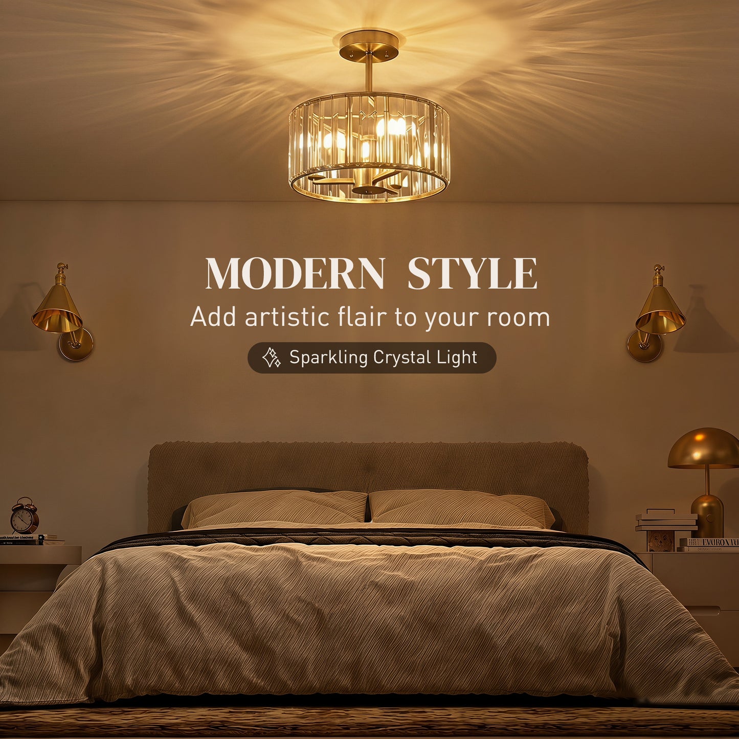HOMCOM Semi Flush Mount Modern Crystal Chandelier Ceiling Light With E14 Base Gold Finish
