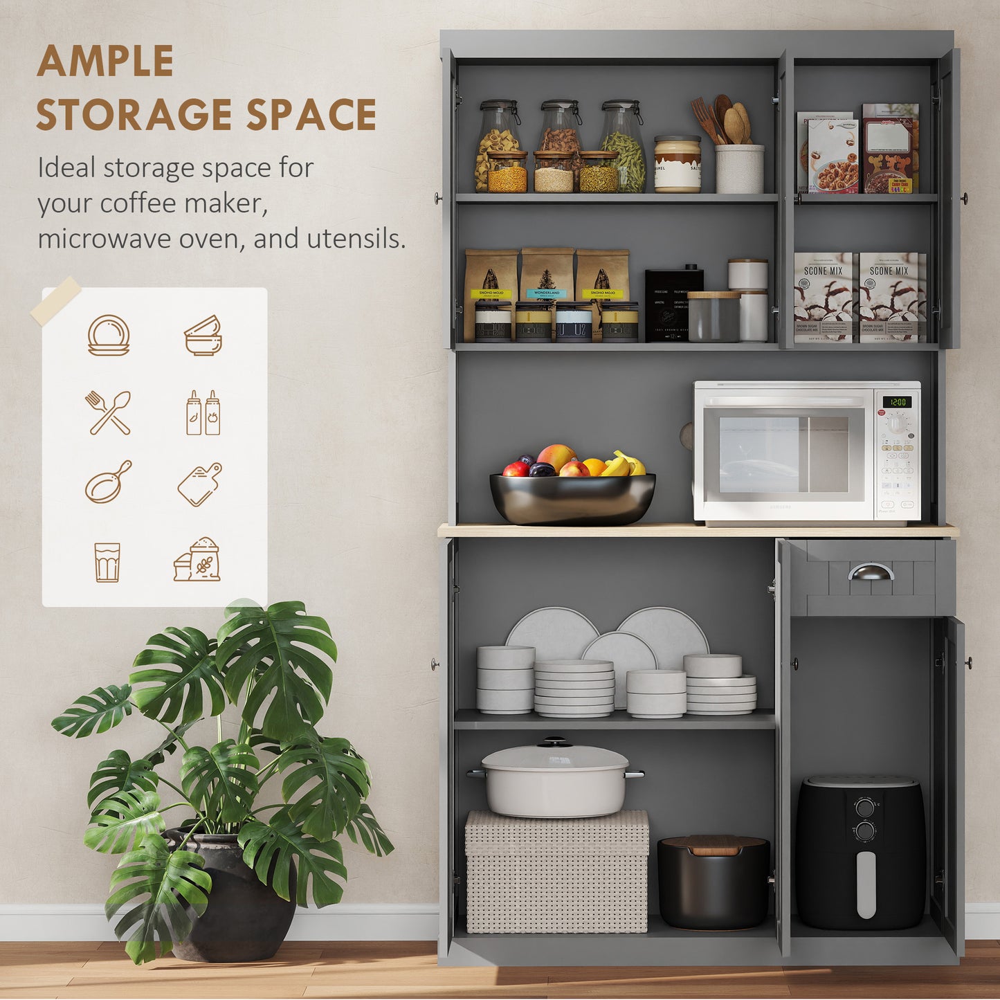 HOMCOM 180cm Freestanding Kitchen Cabinet Grey With Open Countertop Drawer And 6 Doors Modern Storage