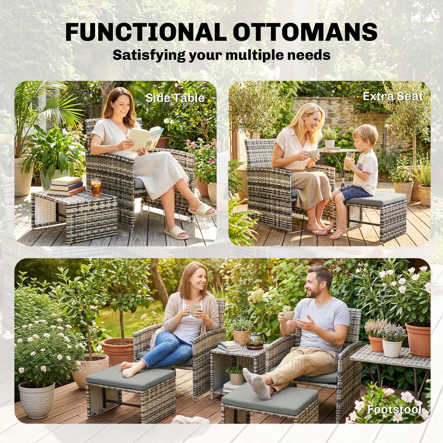 Outsunny 6 Piece Rattan Garden Furniture Set With Nesting Tables Chairs Stools Cushions Grey Patio Outdoor Living