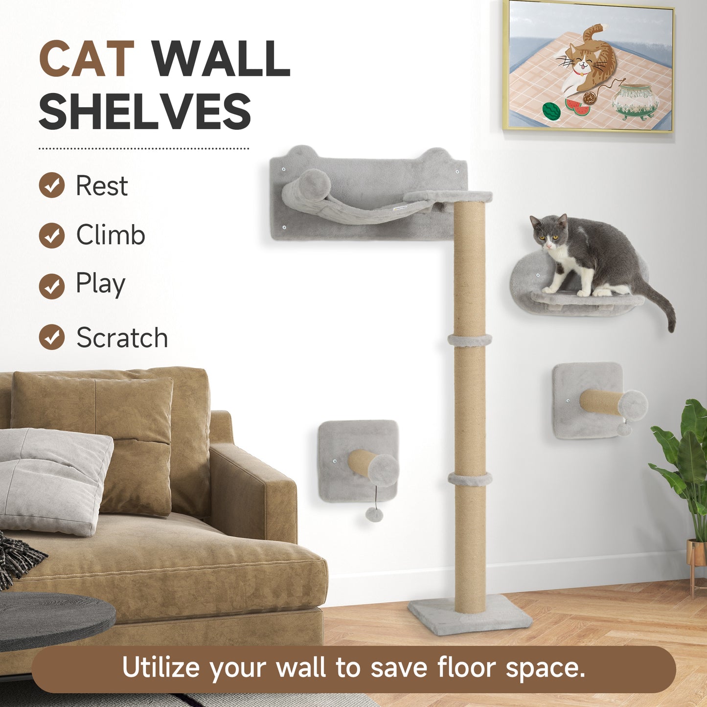 PawHut Indoor Cat Wall Shelf Set with Scratching Post, Steps, Jump Platform, and Toy Balls - Light Grey