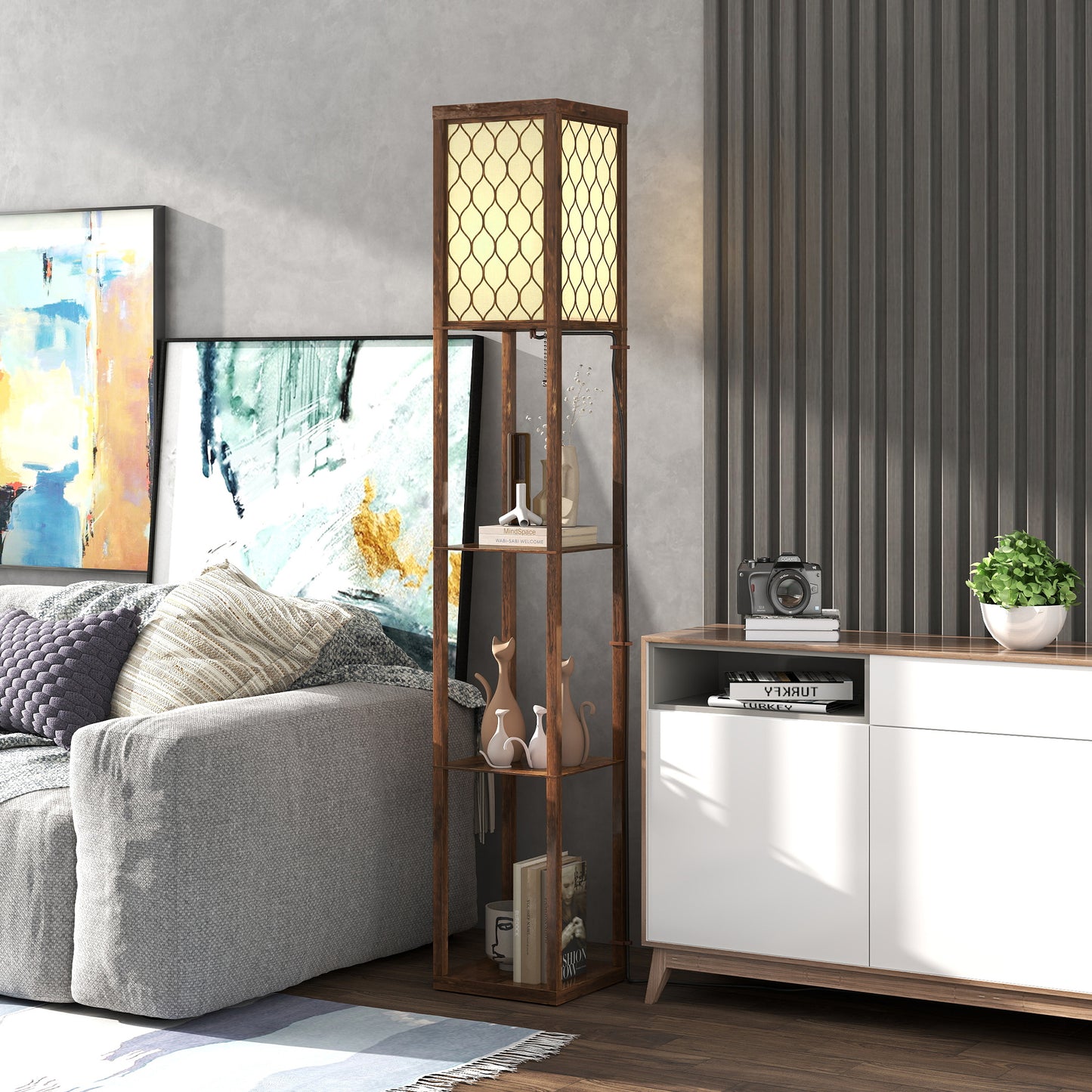 HOMCOM Three Shelf Standing Lamp With Rustic Brown White Finish And Integrated Storage Shelves